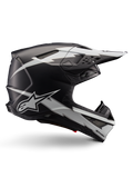 Alpinestars Supertech M10 Ampress Helmet, casco de competición para motocross, negro y blanco mate, perfil aerodinámico con gráficos de rayos blancos, múltiples ventilaciones de aire, visera extendida, construcción de fibra de carbono con acabado mate