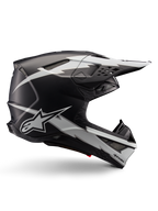 Alpinestars Supertech M10 Ampress Helmet, casco de competición para motocross, negro y blanco mate, perfil aerodinámico con gráficos de rayos blancos, múltiples ventilaciones de aire, visera extendida, construcción de fibra de carbono con acabado mate