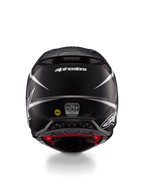Casco Alpinestars Supertech M10 Ampress, casco de motocross, negro y blanco mate, vista trasera que muestra el logotipo de Alpinestars y etiquetas de certificación, diseño aerodinámico con salidas de aire integradas