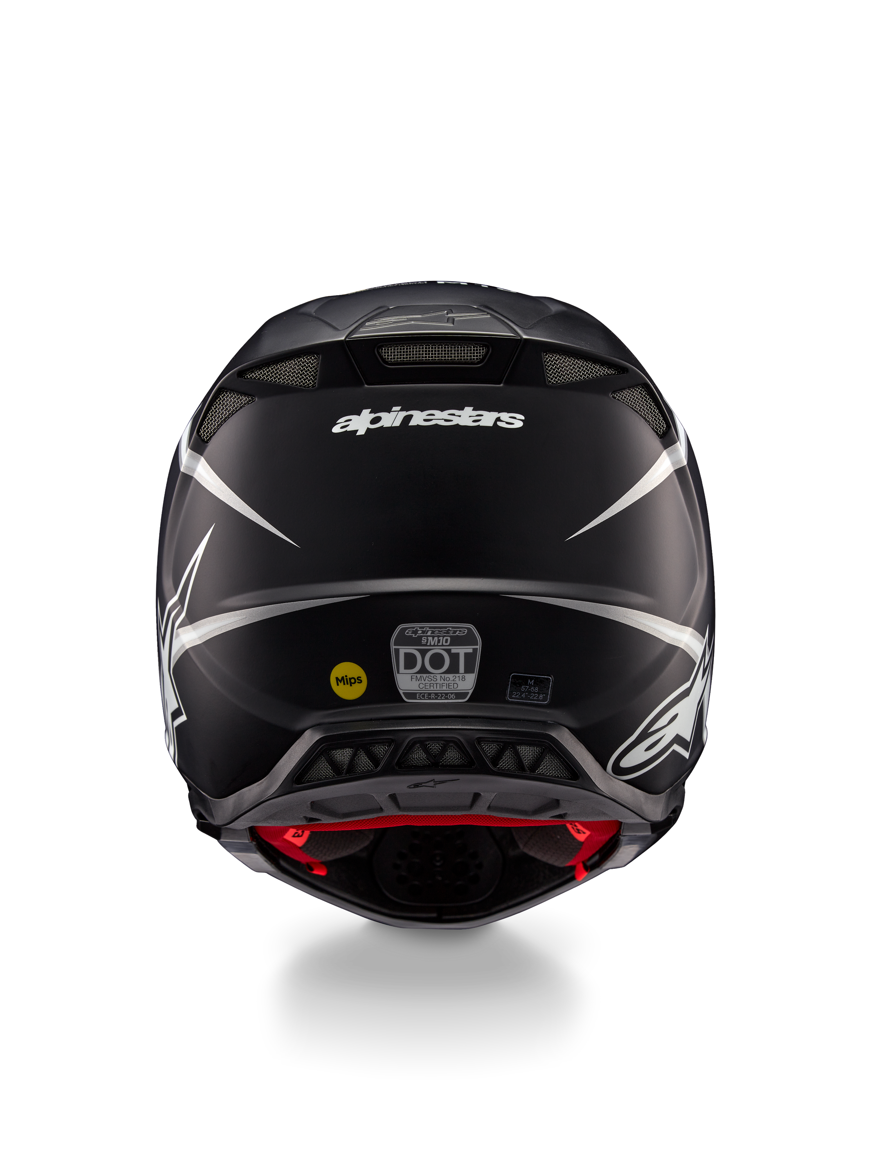 Casco Alpinestars Supertech M10 Ampress, casco de motocross, negro y blanco mate, vista trasera que muestra el logotipo de Alpinestars y etiquetas de certificación, diseño aerodinámico con salidas de aire integradas