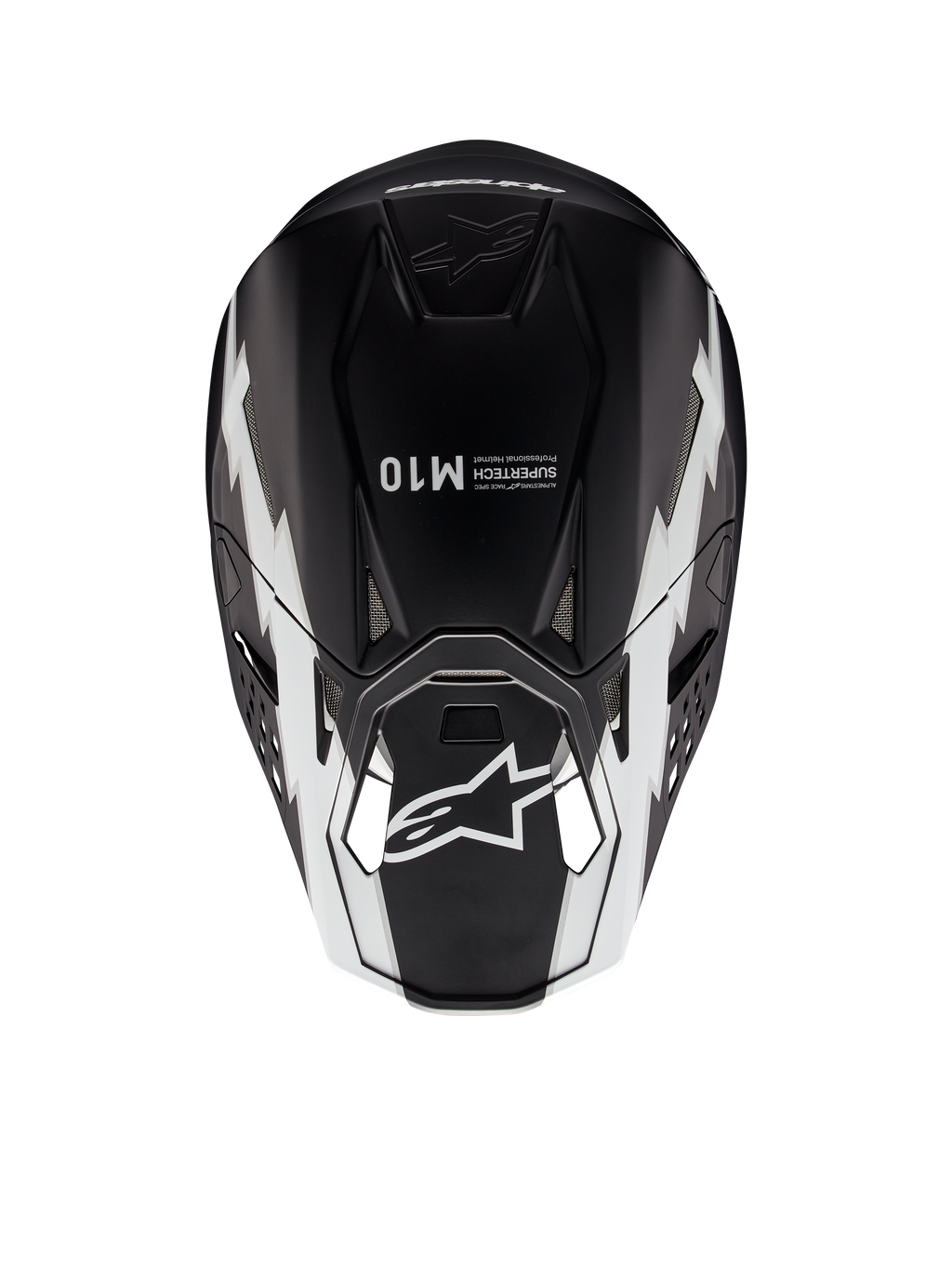 Casco Alpinestars Supertech M10 Ampress, casco de motocross, negro y blanco mate, vista superior que muestra gráficos geométricos blancos, logotipo A-star en la visera y marca Supertech M10 en la parte superior, diseño aerodinámico para rendimiento off-road