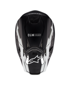 Casco Alpinestars Supertech M10 Ampress, casco de motocross, negro y blanco mate, vista superior que muestra gráficos geométricos blancos, logotipo A-star en la visera y marca Supertech M10 en la parte superior, diseño aerodinámico para rendimiento off-road
