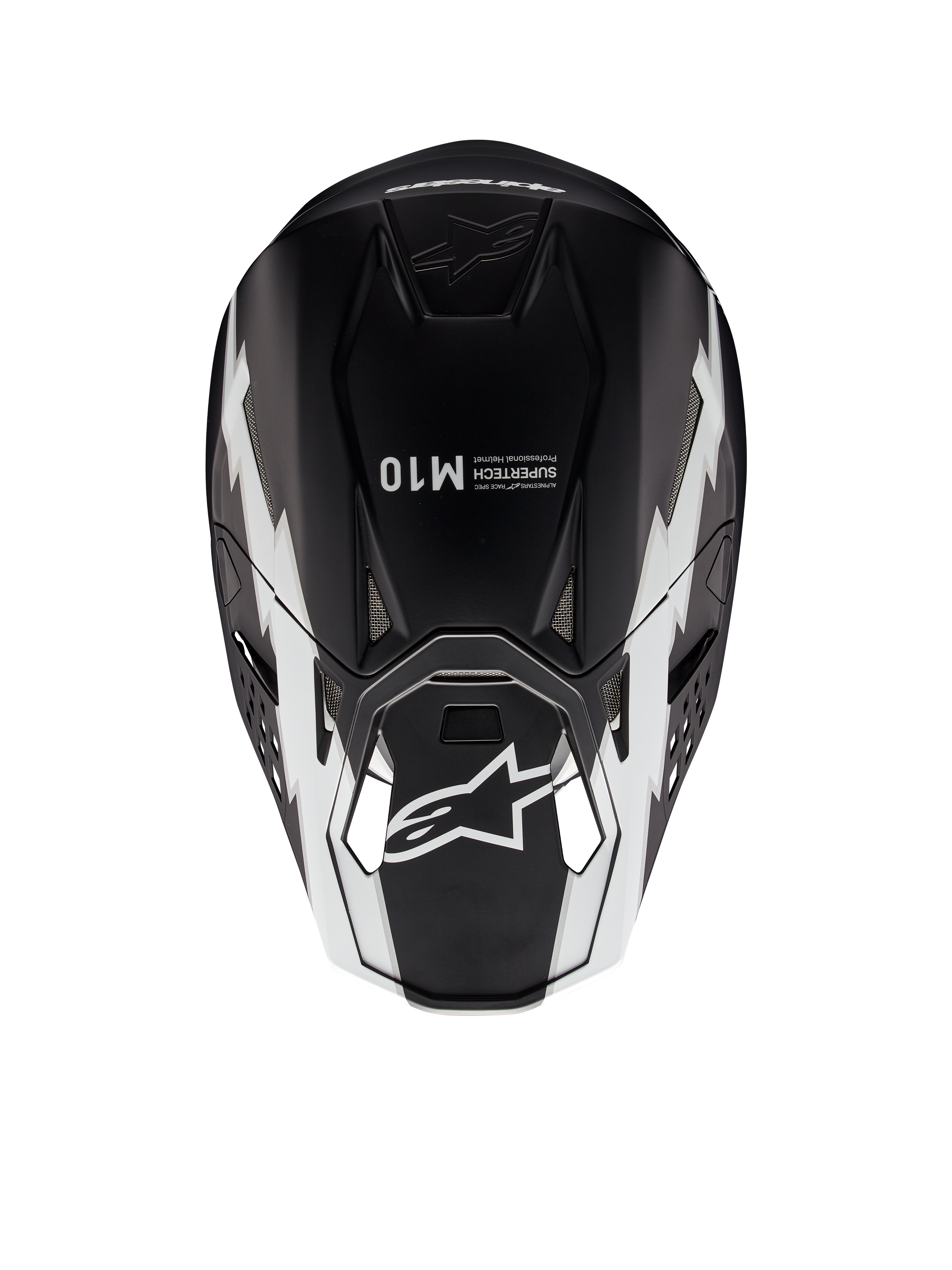 Casco Alpinestars Supertech M10 Ampress, casco de motocross, negro y blanco mate, vista superior que muestra gráficos geométricos blancos, logotipo A-star en la visera y marca Supertech M10 en la parte superior, diseño aerodinámico para rendimiento off-road