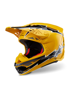 Casco Alpinestars Supertech M10 Ampress, casco de motocross, amarillo y negro brillante, con gráficos de rayos, visera ventilada y diseño aerodinámico, protección de alto rendimiento para todoterreno