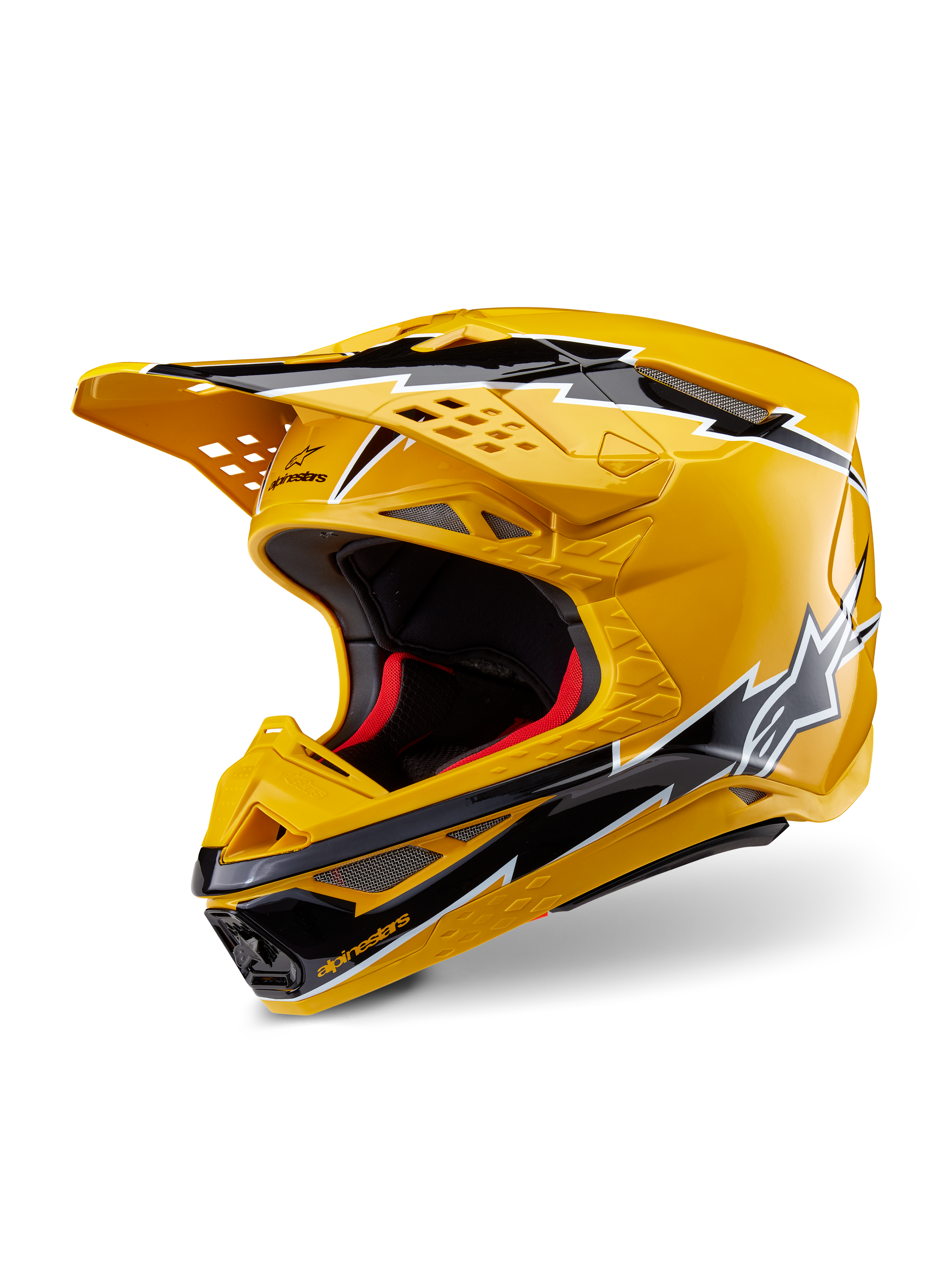 Casco Alpinestars Supertech M10 Ampress, casco de motocross, amarillo y negro brillante, con gráficos de rayos, visera ventilada y diseño aerodinámico, protección de alto rendimiento para todoterreno