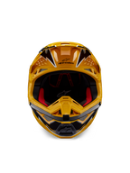 Casco Alpinestars Supertech M10 Ampress, casco de motocross, amarillo y negro brillante, vista frontal que muestra gráficos angulares llamativos, logotipo de Alpinestars en la visera, acolchado interior rojo, calota aerodinámica para carreras de motocross profesionales