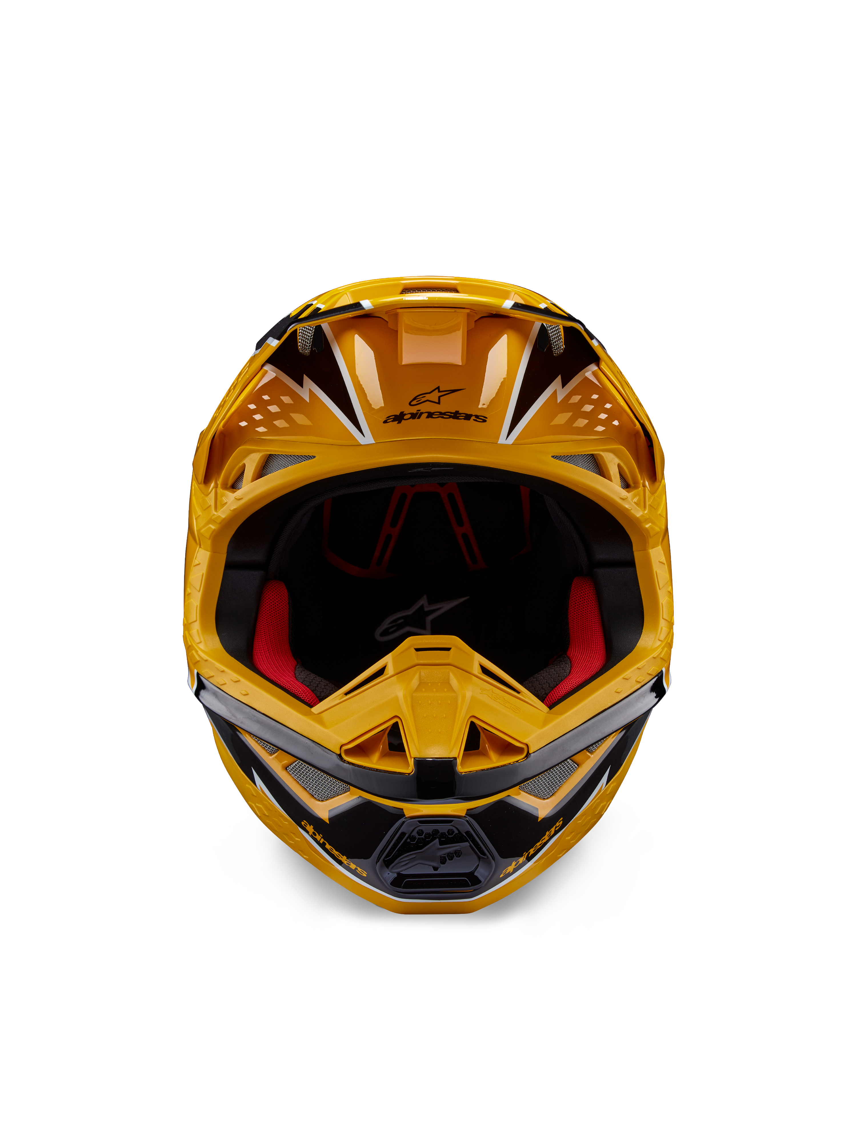 Casco Alpinestars Supertech M10 Ampress, casco de motocross, amarillo y negro brillante, vista frontal que muestra gráficos angulares llamativos, logotipo de Alpinestars en la visera, acolchado interior rojo, calota aerodinámica para carreras de motocross profesionales