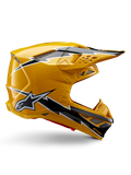 Casco Alpinestars Supertech M10 Ampress, casco de motocross, amarillo y negro brillante, perfil lateral con llamativos gráficos de rayos en blanco y negro, logotipo de la estrella de Alpinestars, diseño aerodinámico con puertos de ventilación integrados y visera ajustable.