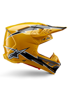 Casco Alpinestars Supertech M10 Ampress, casco de motocross, amarillo y negro brillante, perfil lateral con llamativos gráficos de rayos en blanco y negro, logotipo de la estrella de Alpinestars, diseño aerodinámico con puertos de ventilación integrados y visera ajustable.