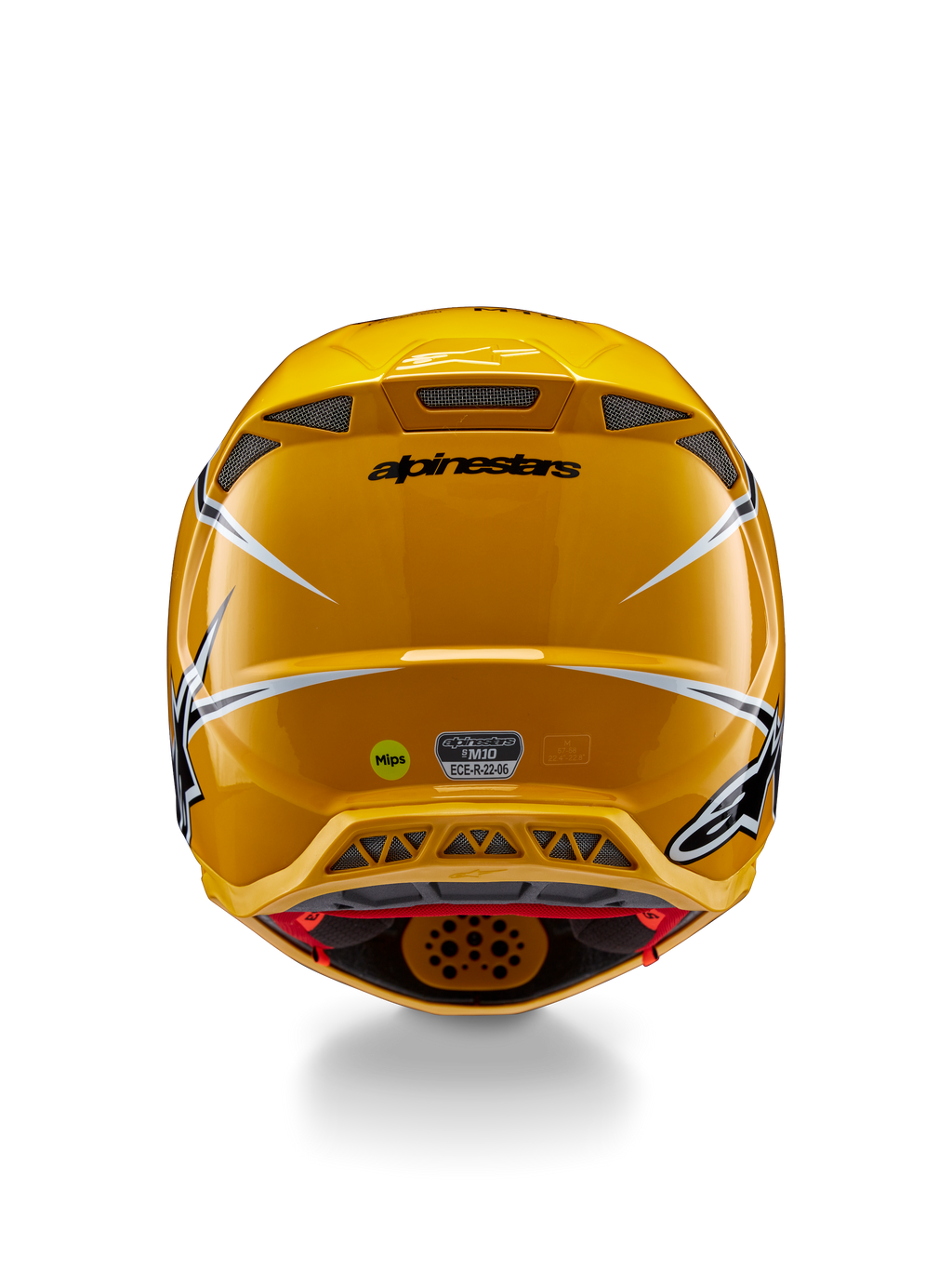 Casco Alpinestars Supertech M10 Ampress, vista posterior, amarillo brillante con detalles en negro y blanco, incluye rejillas de ventilación traseras, adhesivos MIPS y ECE 22.06, protección profesional para motocross