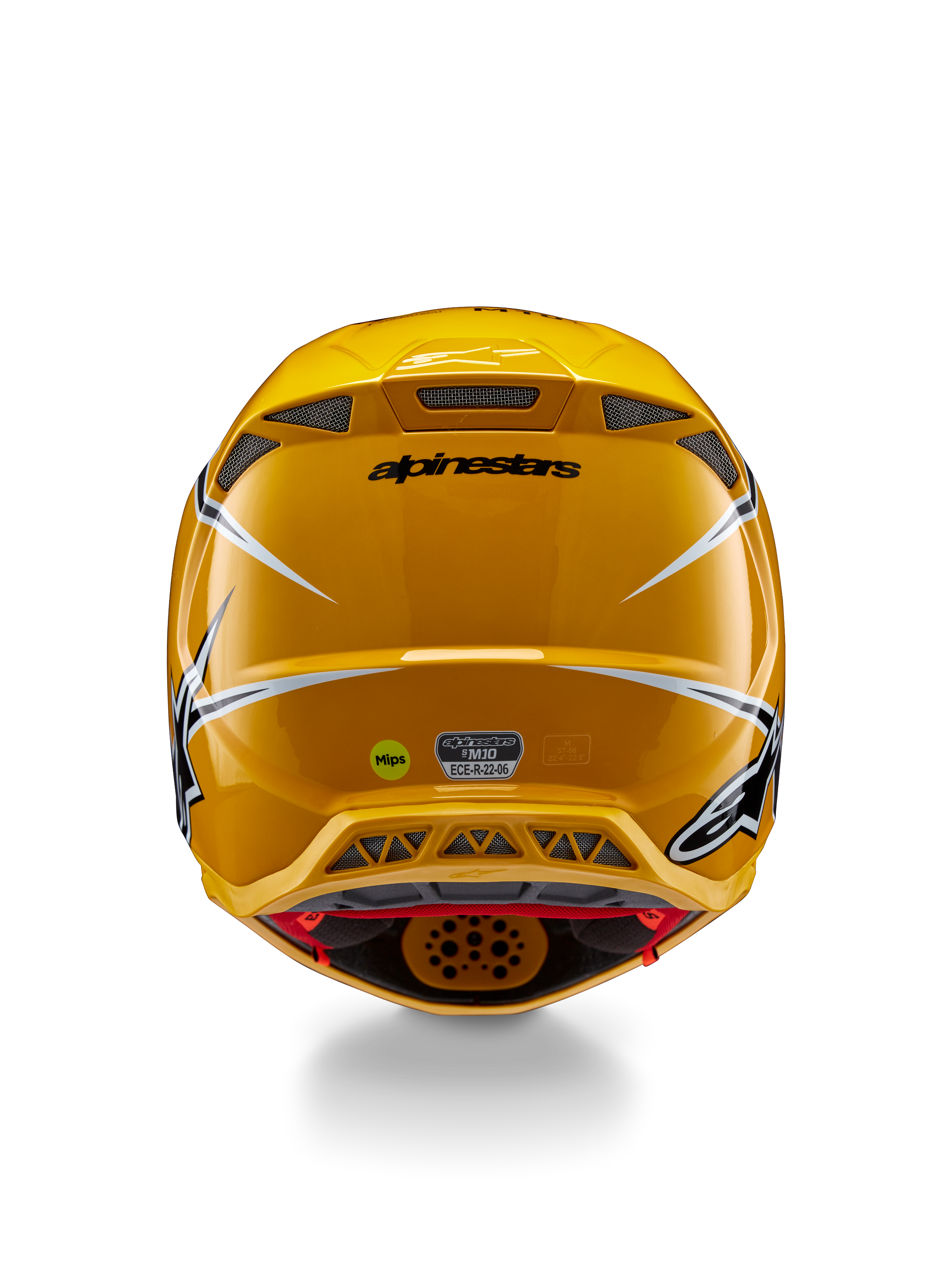 Casco Alpinestars Supertech M10 Ampress, vista posterior, amarillo brillante con detalles en negro y blanco, incluye rejillas de ventilación traseras, adhesivos MIPS y ECE 22.06, protección profesional para motocross