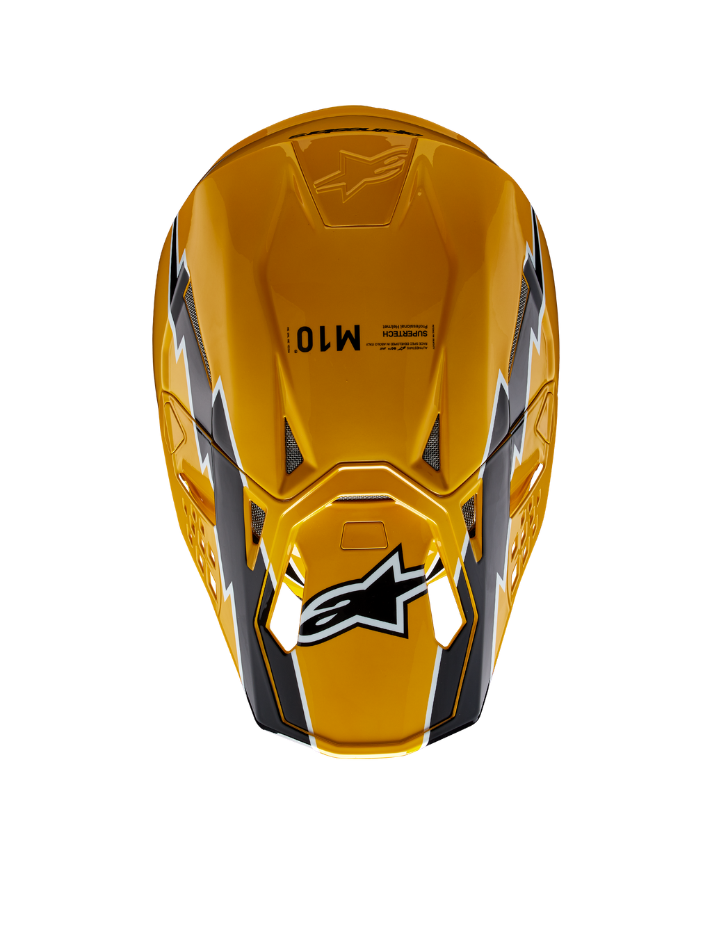 Casco Alpinestars Supertech M10 Ampress, casco de motocross, negro y amarillo brillante, vista superior con acabado amarillo brillante y gráficos en negro y blanco, logotipo de Alpinestars en la visera y calota aerodinámica con puertos de ventilación