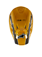 Casco Alpinestars Supertech M10 Ampress, casco de motocross, negro y amarillo brillante, vista superior con acabado amarillo brillante y gráficos en negro y blanco, logotipo de Alpinestars en la visera y calota aerodinámica con puertos de ventilación