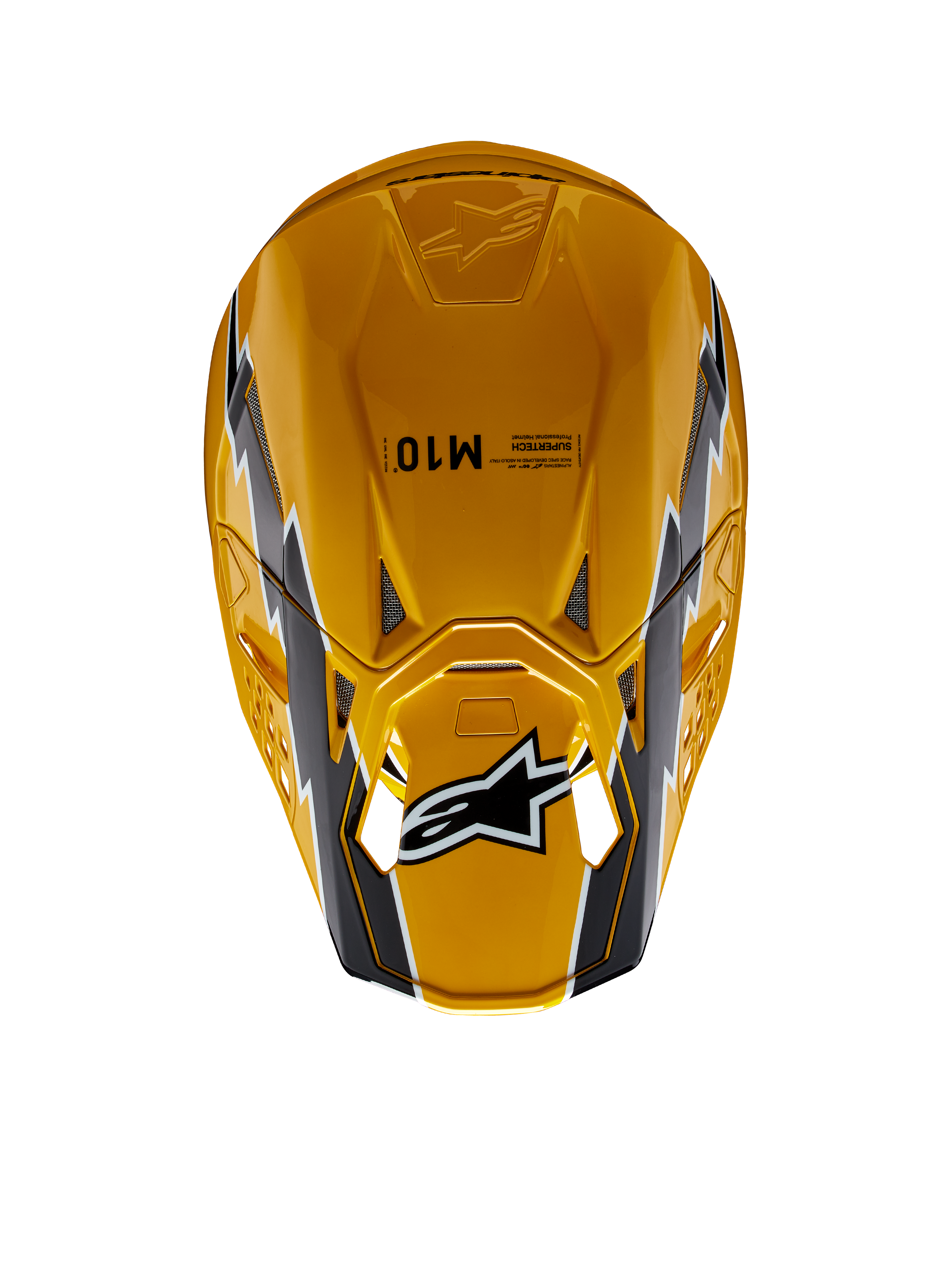 Casco Alpinestars Supertech M10 Ampress, casco de motocross, negro y amarillo brillante, vista superior con acabado amarillo brillante y gráficos en negro y blanco, logotipo de Alpinestars en la visera y calota aerodinámica con puertos de ventilación