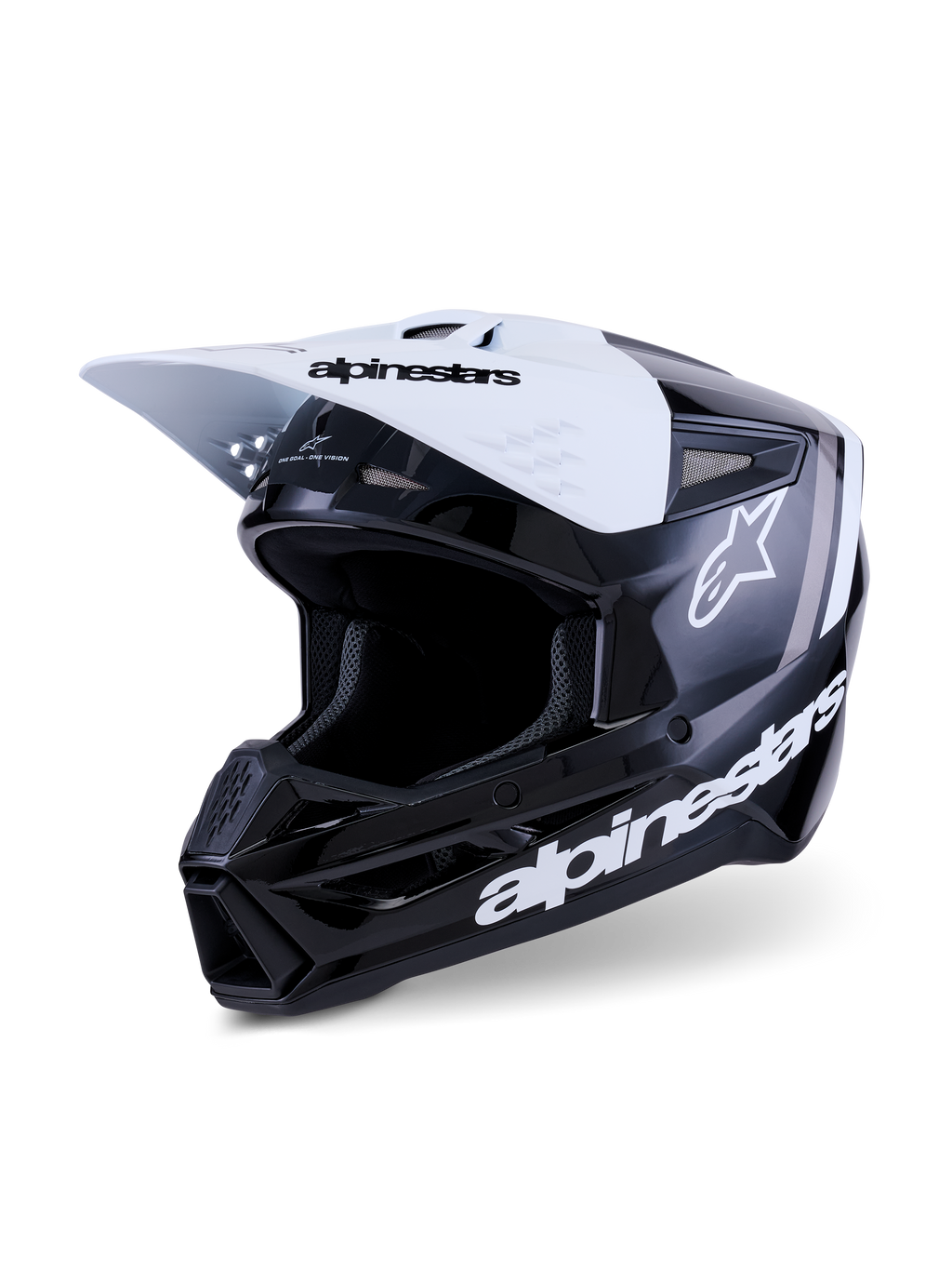 Casco Alpinestars S-M3 Radium, casco de motocross, negro, blanco y gris brillante, con visera blanca con marca en negro, calota negra brillante con logotipos blancos de Alpinestars destacados y detalles gráficos en gris, diseño aerodinámico para carreras off-road