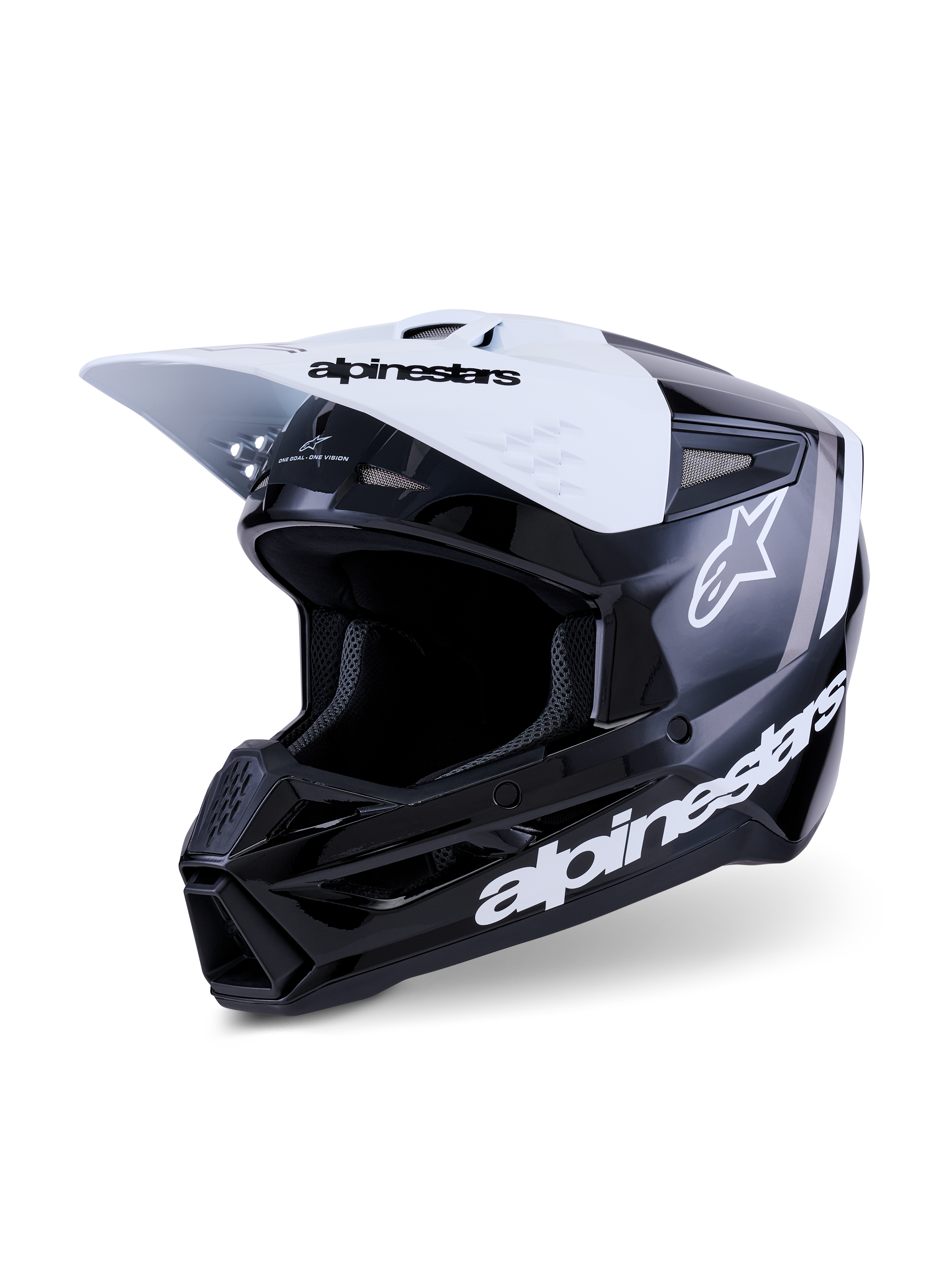 Casco Alpinestars S-M3 Radium, casco de motocross, negro, blanco y gris brillante, con visera blanca con marca en negro, calota negra brillante con logotipos blancos de Alpinestars destacados y detalles gráficos en gris, diseño aerodinámico para carreras off-road