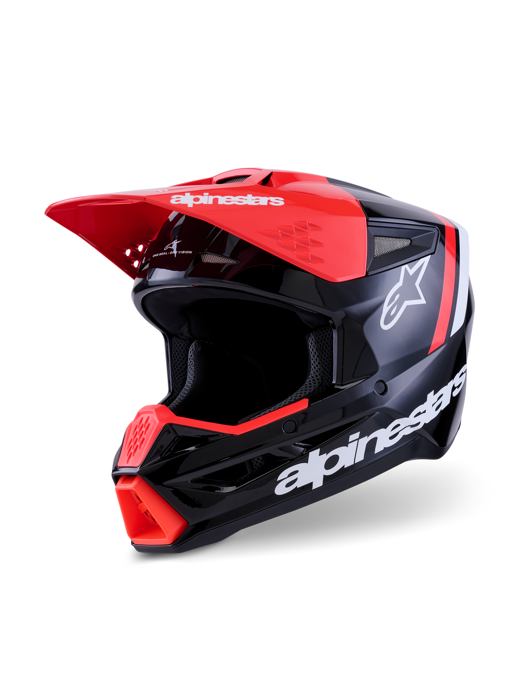 Casco Alpinestars S-M3 Radium, casco de motocross, negro, rojo flúor y blanco brillante, acabado de alto brillo con logotipo de Alpinestars y de estrella en blanco, con visera y ventilación de barbilla en rojo brillante, diseñado para protección off-road.
