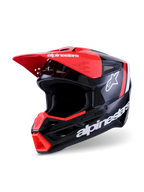 Casco Alpinestars S-M3 Radium, casco de motocross, negro, rojo flúor y blanco brillante, acabado de alto brillo con logotipo de Alpinestars y de estrella en blanco, con visera y ventilación de barbilla en rojo brillante, diseñado para protección off-road.