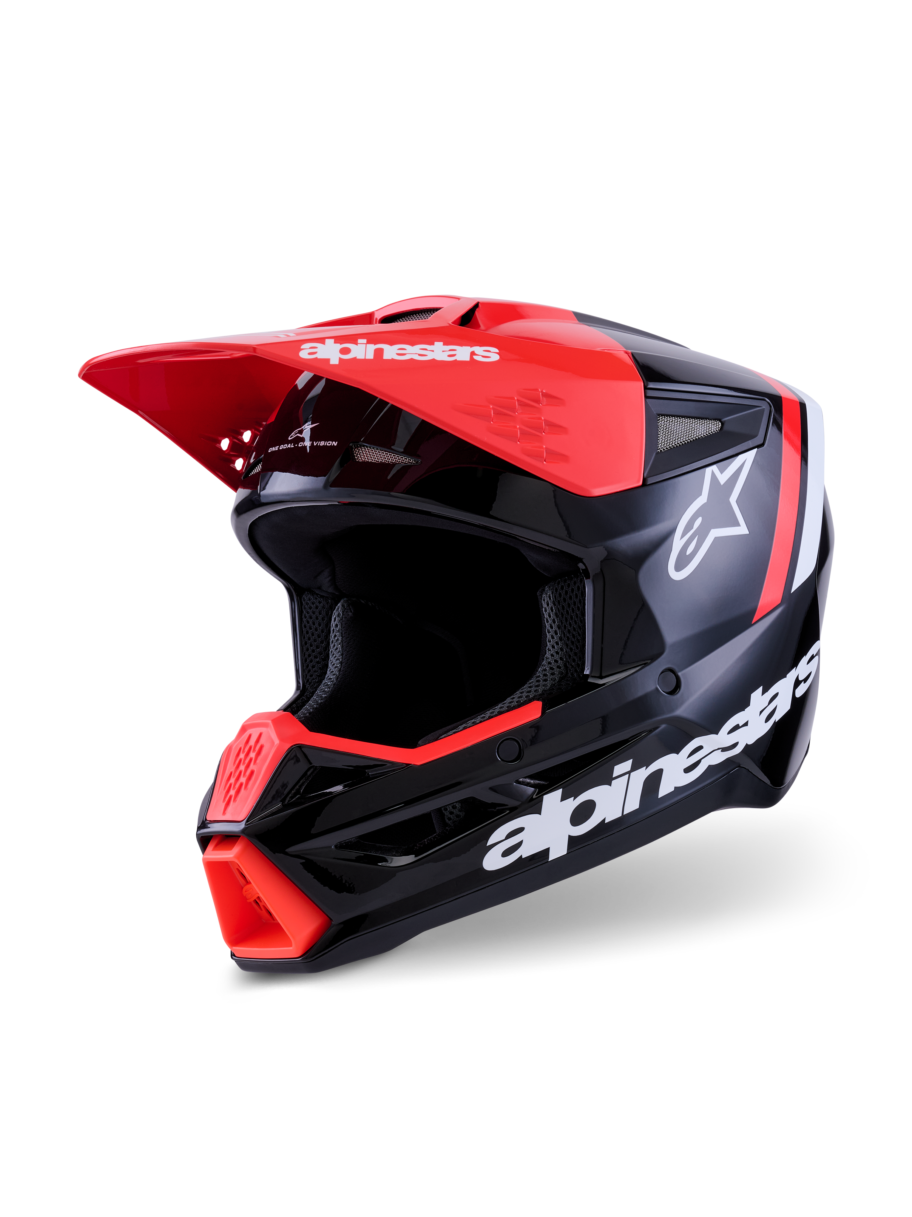 Casco Alpinestars S-M3 Radium, casco de motocross, negro, rojo flúor y blanco brillante, acabado de alto brillo con logotipo de Alpinestars y de estrella en blanco, con visera y ventilación de barbilla en rojo brillante, diseñado para protección off-road.