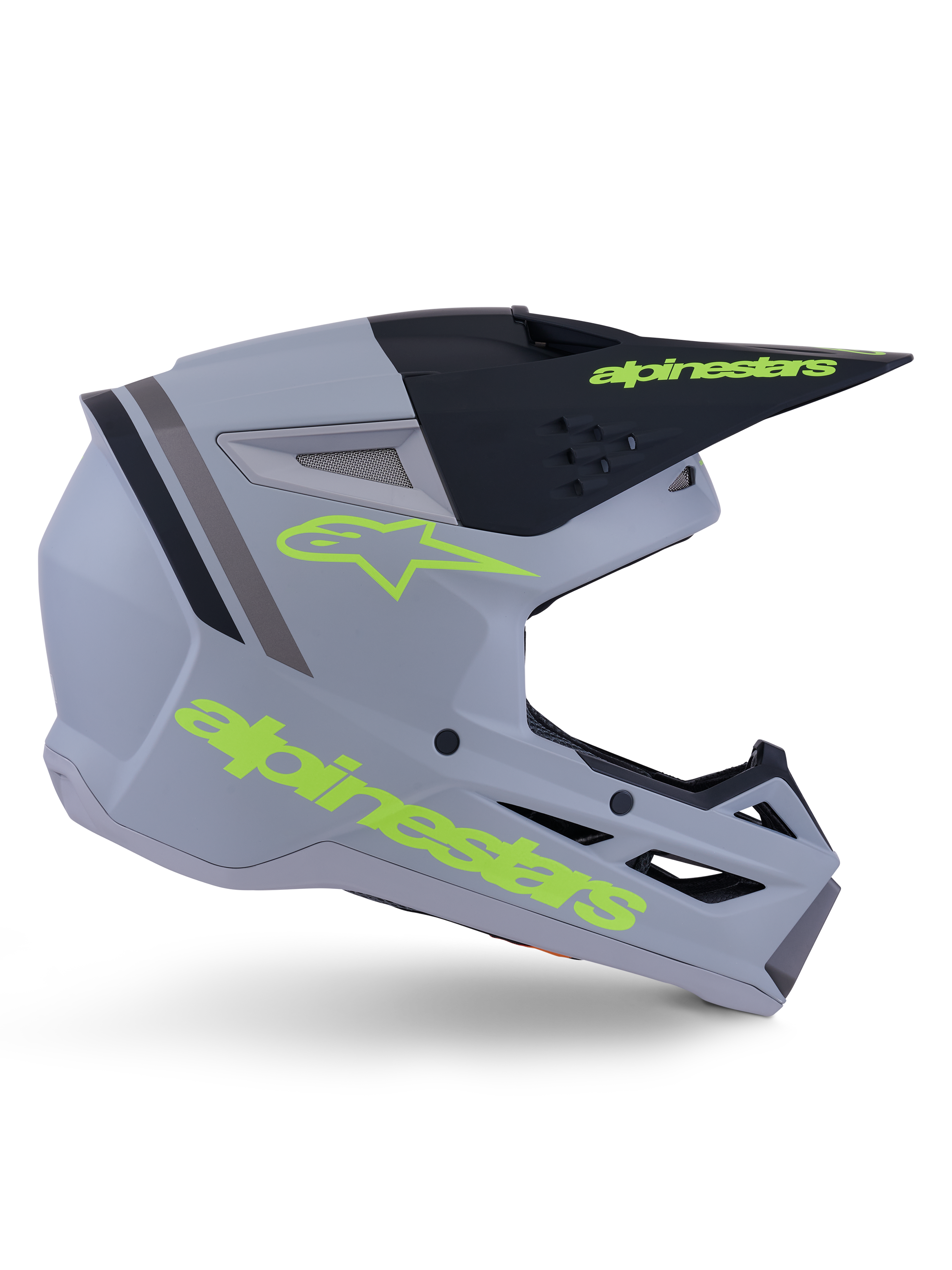 Alpinestars S-M3 Radium Helmet ECE 22.06, casco de motocross, gris mate, negro y amarillo flúor, con un diseño aerodinámico angular, visera y sistema de ventilación integrado