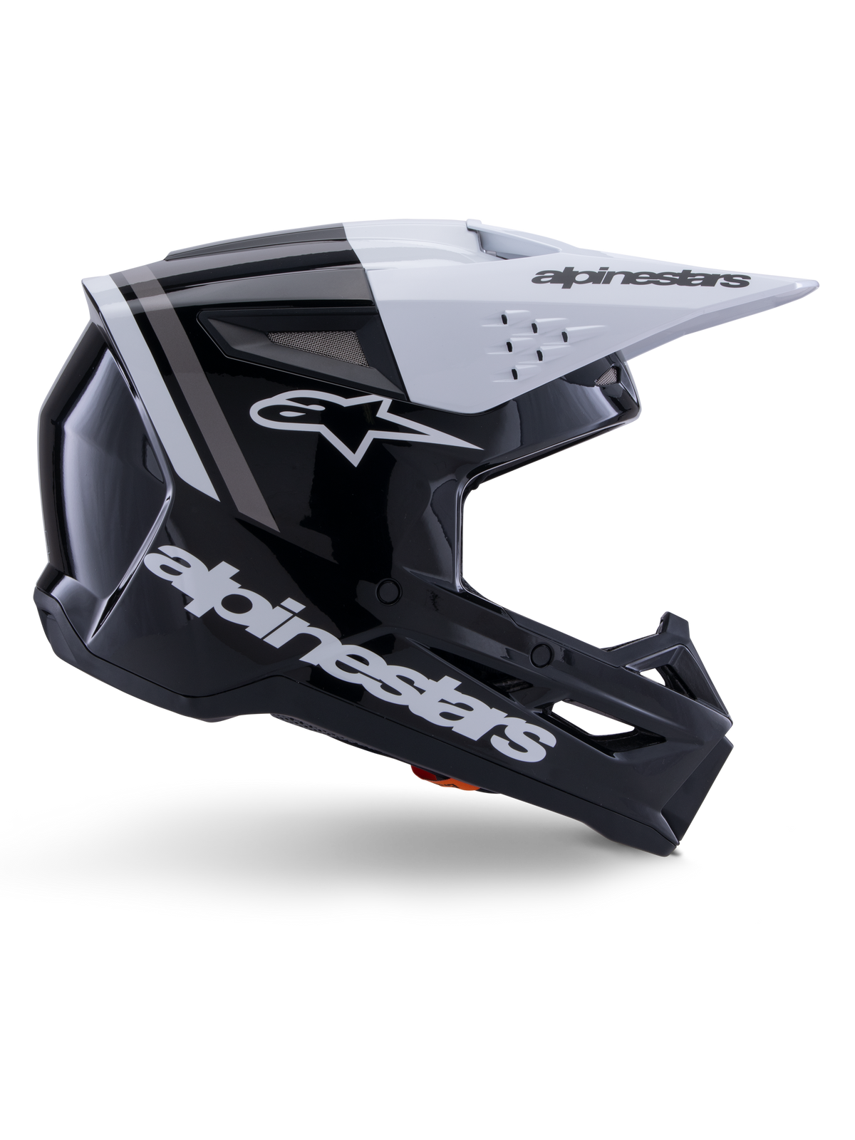 Alpinestars S-M3 Radium Helmet, Motocross Off-Road Helmet, Black White and Gray Glossy, featuring an angular aerodynamic design with ventilation ports, side profile view, glossy finish with gray stripes, and a white visor with Alpinestars branding