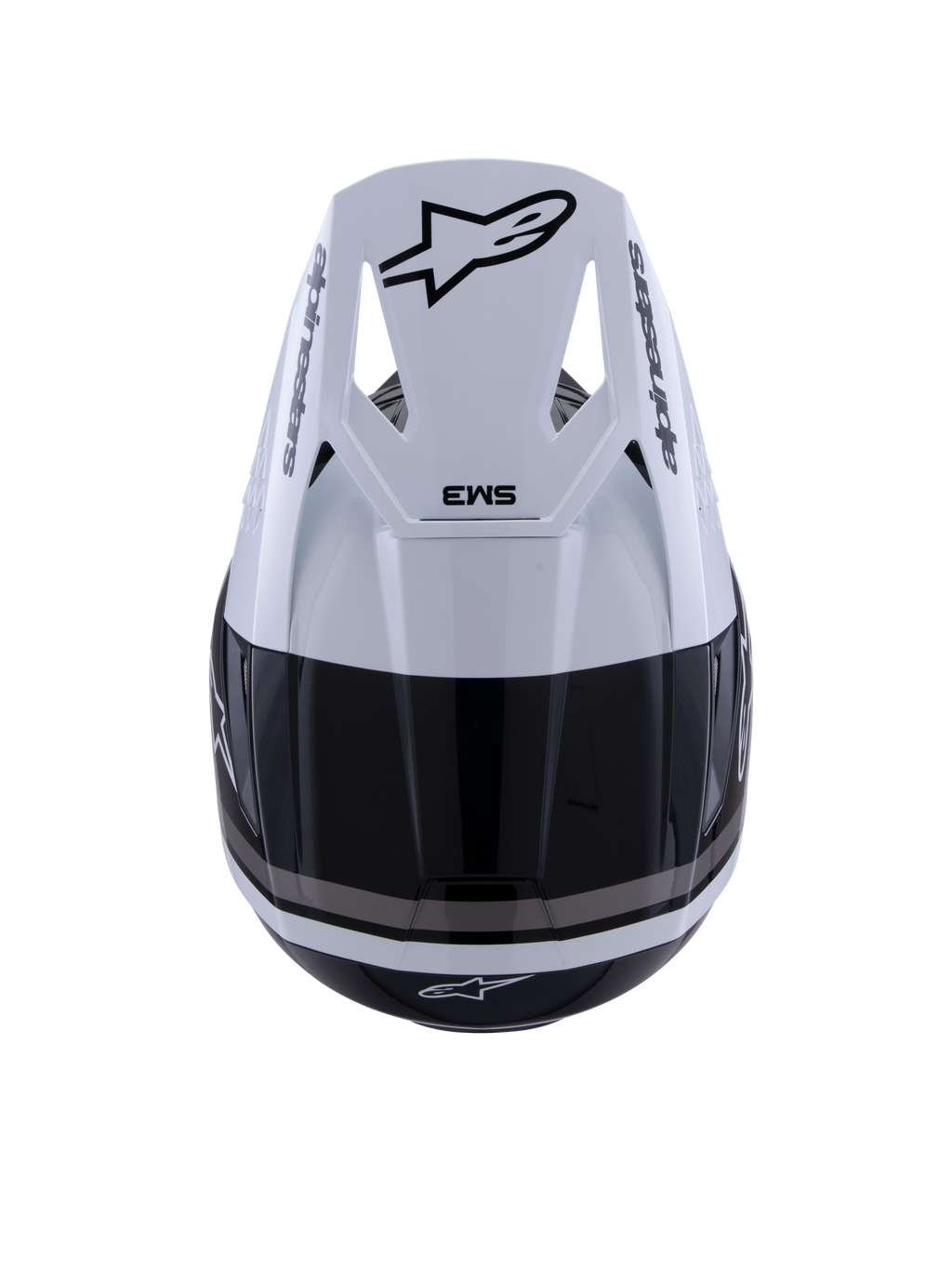 Casco Alpinestars S-M3 Radium, casco de motocross, negro, blanco y gris brillante, vista superior que muestra la visera blanca con el logotipo Astar negro y la marca SM3, acabado brillante con puertos de ventilación, protección de alto rendimiento para la cabeza en todoterreno