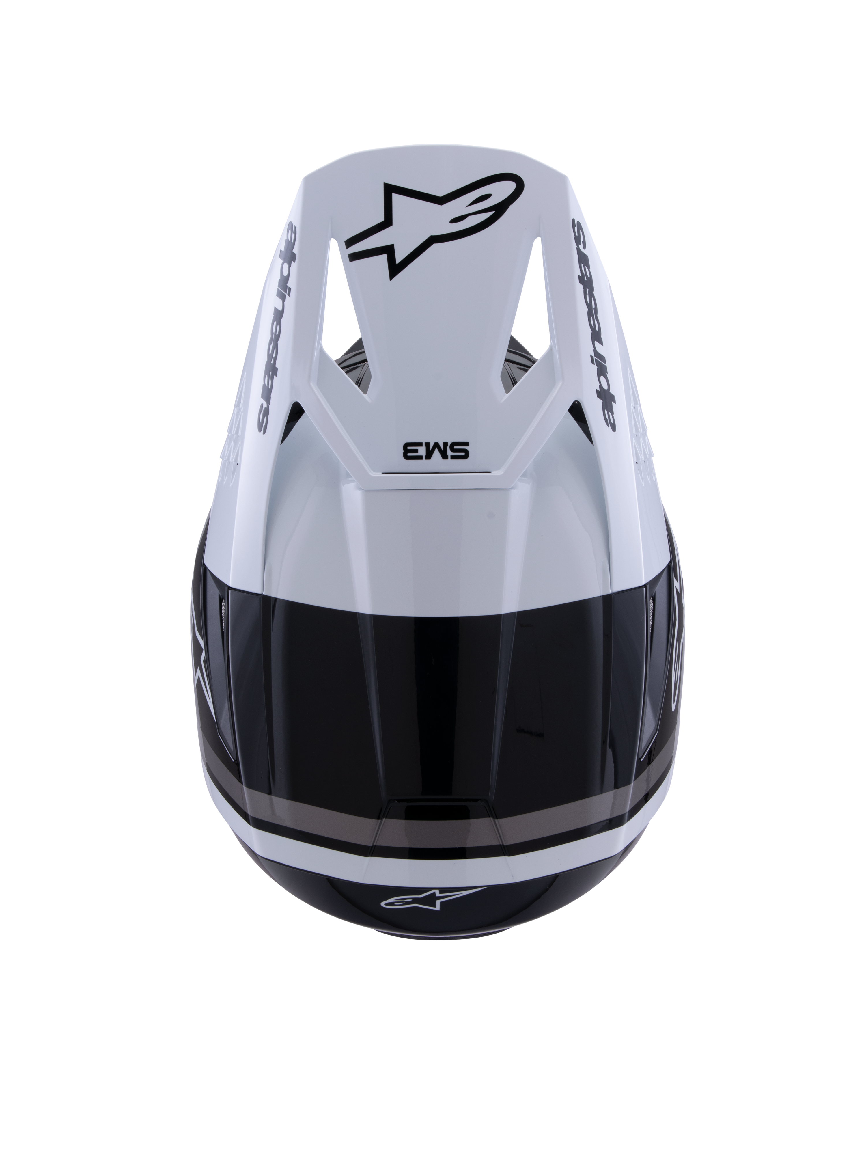 Casco Alpinestars S-M3 Radium, casco de motocross, negro, blanco y gris brillante, vista superior que muestra la visera blanca con el logotipo Astar negro y la marca SM3, acabado brillante con puertos de ventilación, protección de alto rendimiento para la cabeza en todoterreno