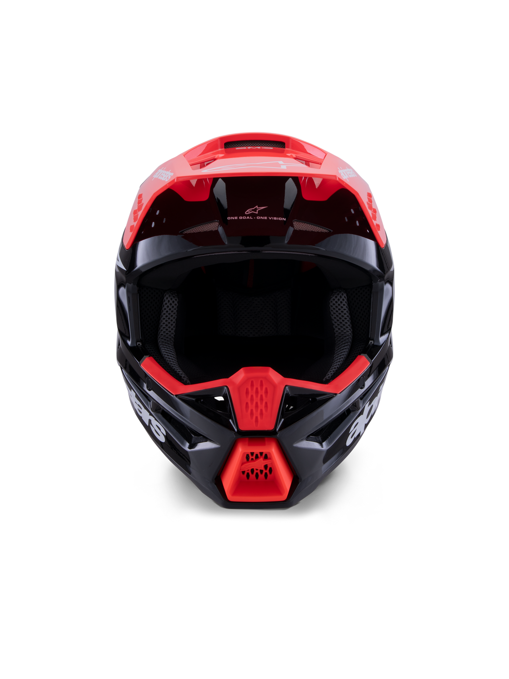 Alpinestars S-M3 Radium Helmet ECE 22.06, casco de motocross, negro brillante con detalles en rojo fluorescente y blanco, vista frontal que muestra la carcasa aerodinámica, el visor integrado y la mentonera protectora con el logotipo de Alpinestars destacado.
