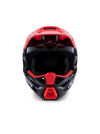 Alpinestars S-M3 Radium Helmet ECE 22.06, casco de motocross, negro brillante con detalles en rojo fluorescente y blanco, vista frontal que muestra la carcasa aerodinámica, el visor integrado y la mentonera protectora con el logotipo de Alpinestars destacado.