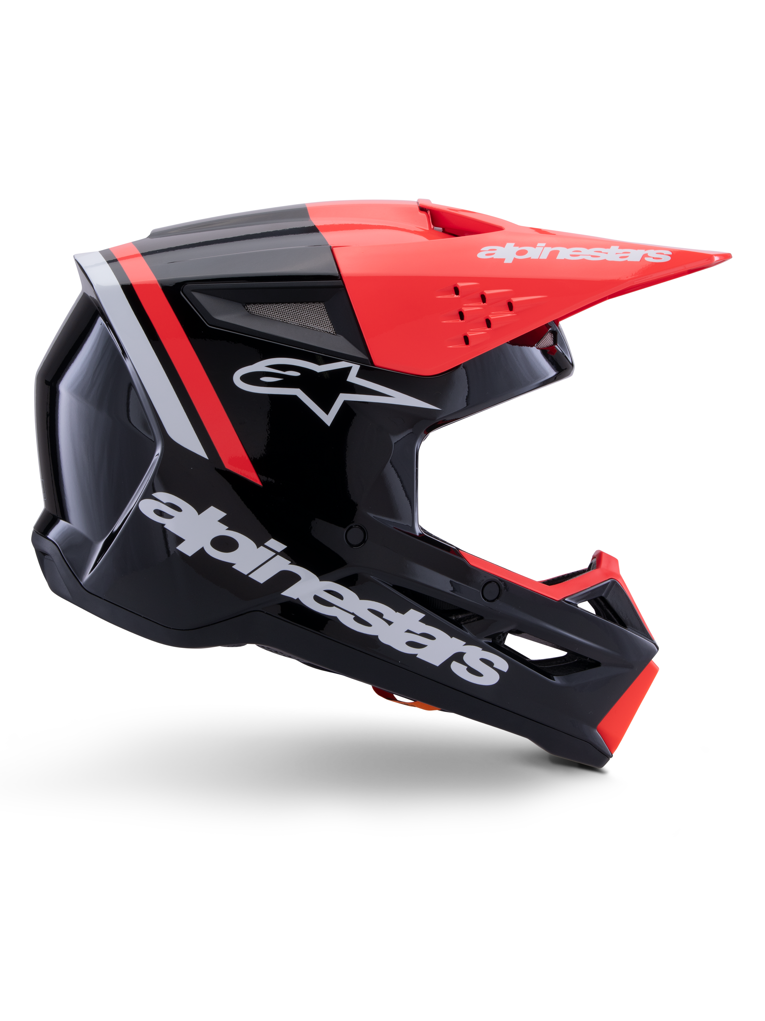 Casco Alpinestars S-M3 Radium, casco de motocross, negro, rojo flúor y blanco brillante, con un diseño aerodinámico con visera angular, puertos de ventilación y acabado brillante, protección premium para deportes de motor