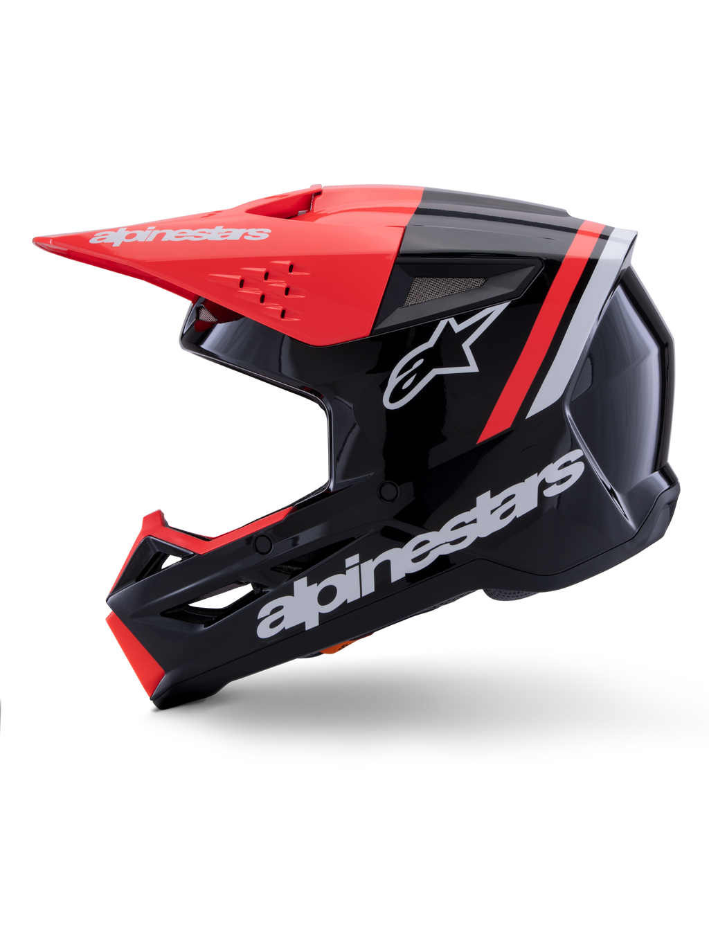 Casco Alpinestars S-M3 Radium, casco de motocross, negro, rojo flúor y blanco brillante, vista de perfil lateral, con logotipo de estrella y marca Alpinestars en blanco, visera en rojo flúor y detalles en la mentonera, acabado brillante, diseñado para conducción off-road de MX y Enduro