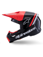 Casco Alpinestars S-M3 Radium, casco de motocross, negro, rojo flúor y blanco brillante, vista de perfil lateral, con logotipo de estrella y marca Alpinestars en blanco, visera en rojo flúor y detalles en la mentonera, acabado brillante, diseñado para conducción off-road de MX y Enduro