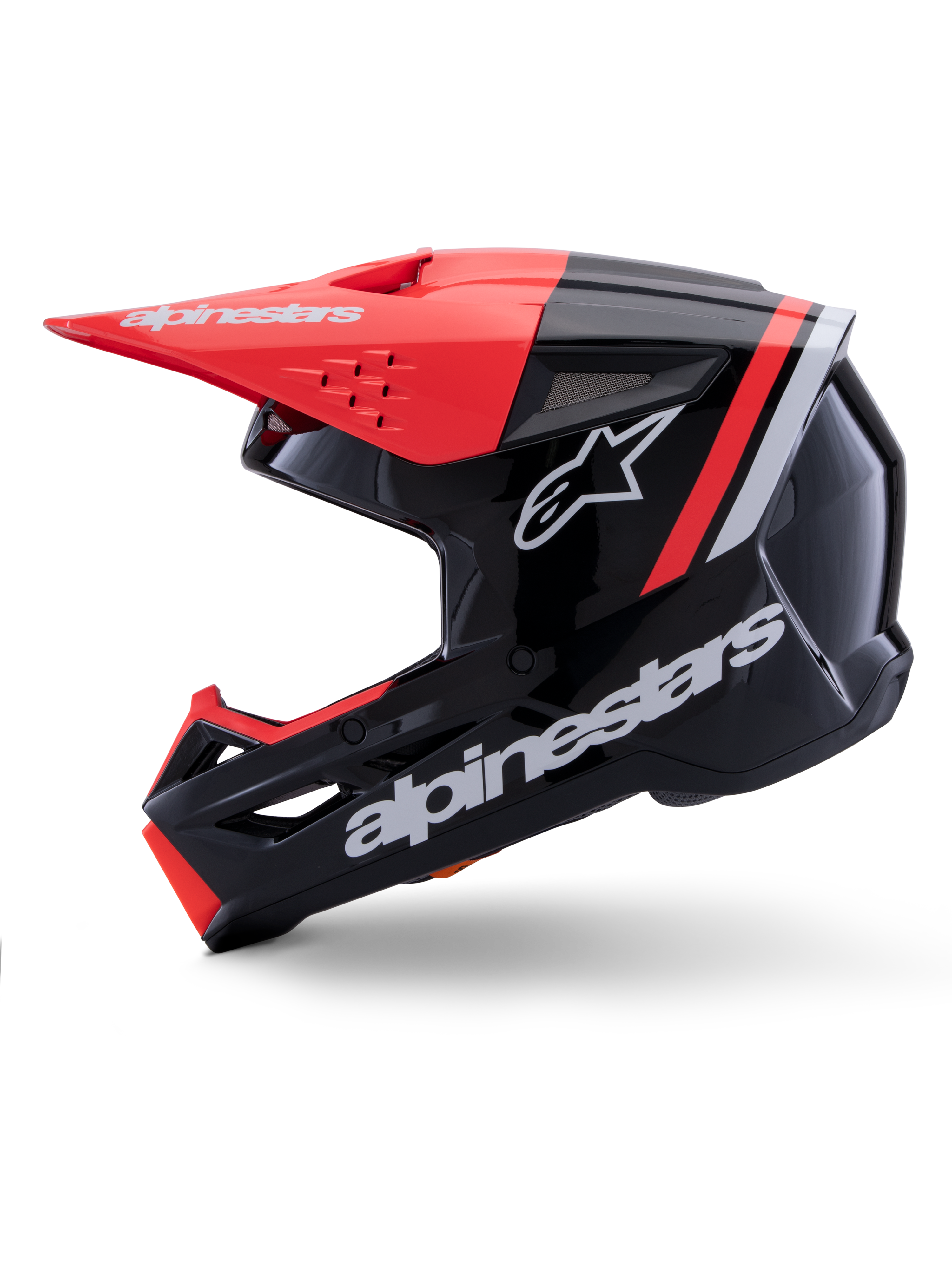Casco Alpinestars S-M3 Radium, casco de motocross, negro, rojo flúor y blanco brillante, vista de perfil lateral, con logotipo de estrella y marca Alpinestars en blanco, visera en rojo flúor y detalles en la mentonera, acabado brillante, diseñado para conducción off-road de MX y Enduro