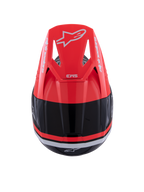 Casco Alpinestars S-M3 Radium, casco de motocross, negro, rojo flúor y blanco brillante, vista superior con la visera rojo flúor, marca Alpinestars en blanco y diseño aerodinámico elegante.