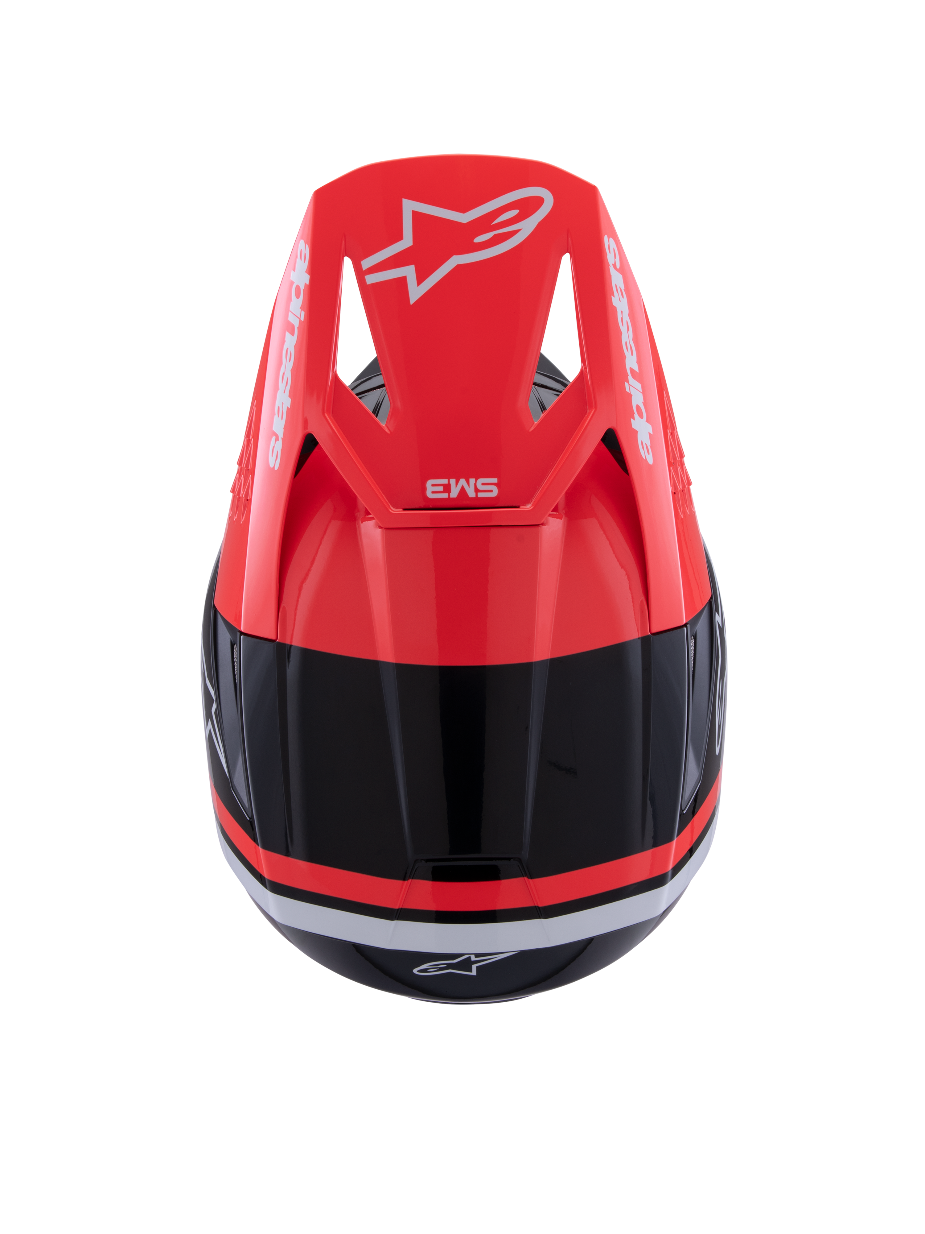 Casco Alpinestars S-M3 Radium, casco de motocross, negro, rojo flúor y blanco brillante, vista superior con la visera rojo flúor, marca Alpinestars en blanco y diseño aerodinámico elegante.