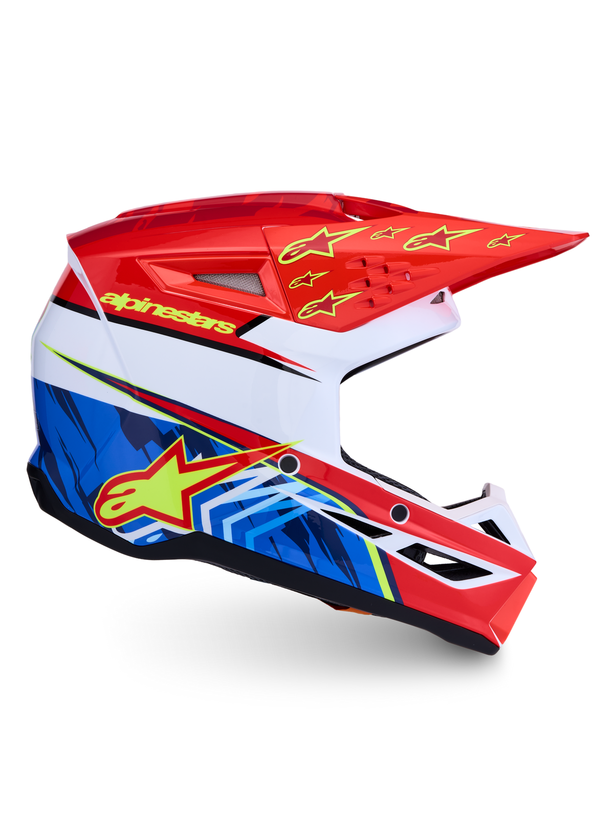 Casco Alpinestars SM3 Falcon, diseño gráfico en rojo, azul y blanco, protección para motocross certificada ECE 22.06.