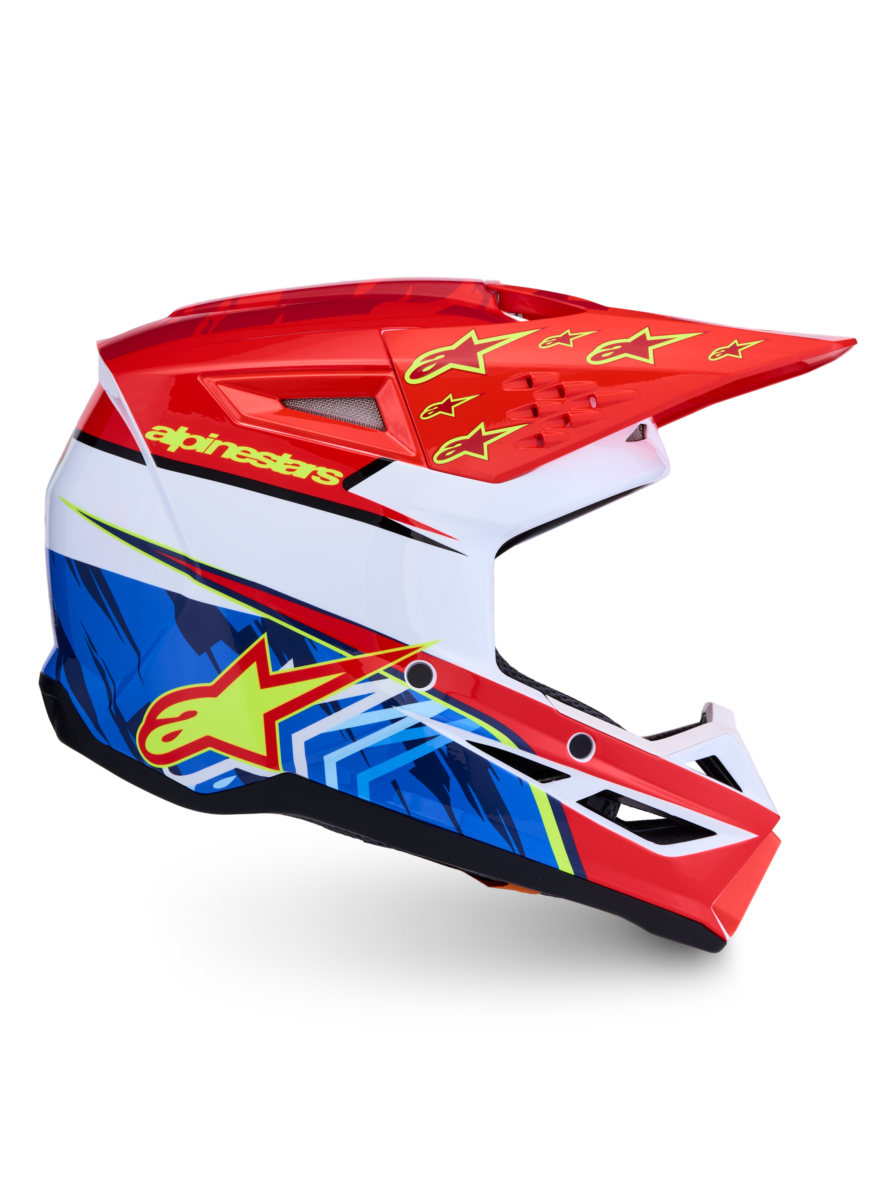 Casco Alpinestars SM3 Falcon, diseño gráfico en rojo, azul y blanco, protección para motocross certificada ECE 22.06.