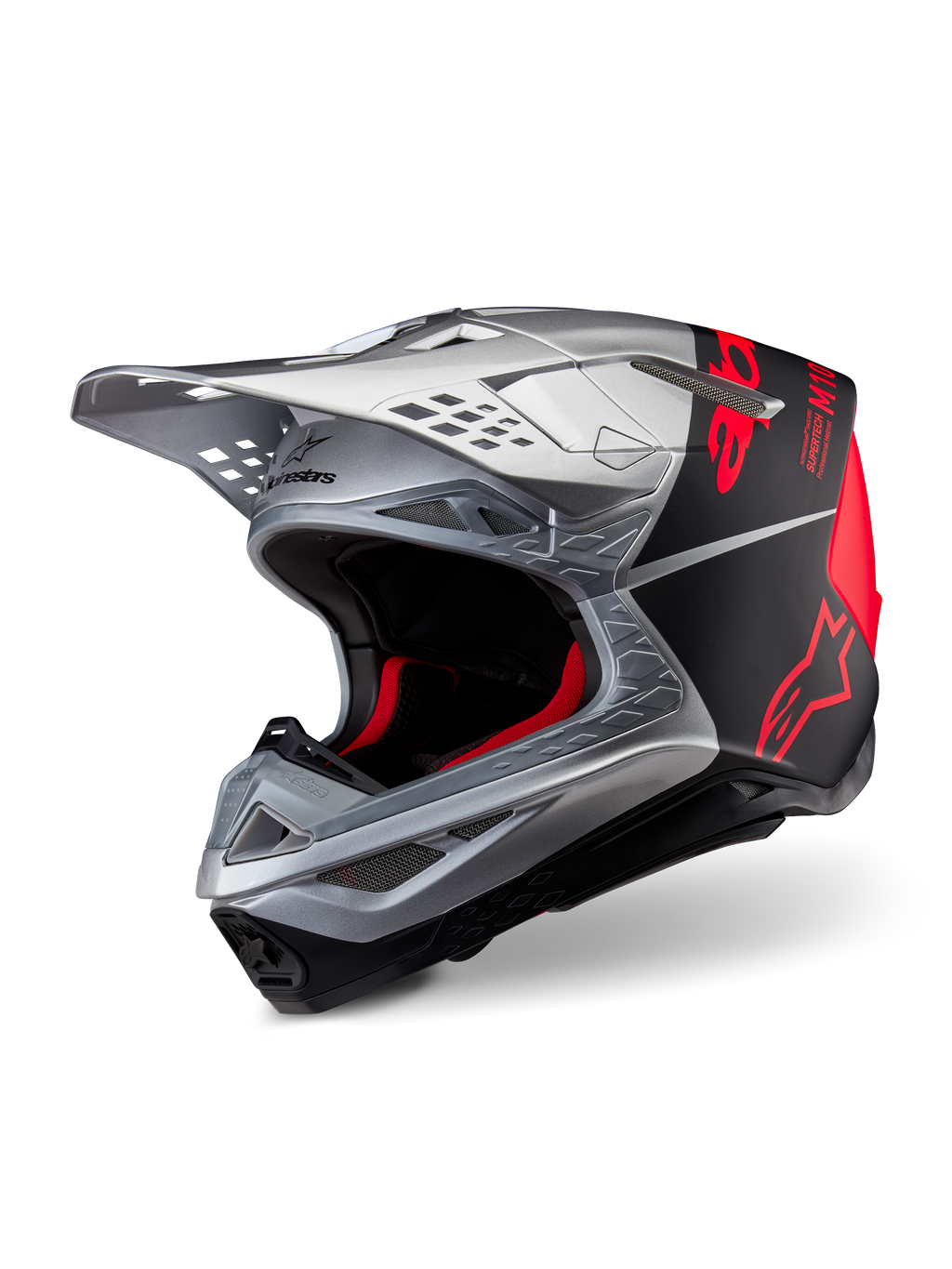 Casco Alpinestars Supertech M10 Flood ECE 22.06, casco de motocross, plateado, negro y naranja flúor, acabado mate y brillante, con una elegante calota de carbono, logotipos de Alpinestars destacados y múltiples puertos de ventilación