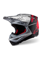 Casco Alpinestars Supertech M10 Flood ECE 22.06, casco de motocross, plateado, negro y naranja flúor, acabado mate y brillante, con una elegante calota de carbono, logotipos de Alpinestars destacados y múltiples puertos de ventilación