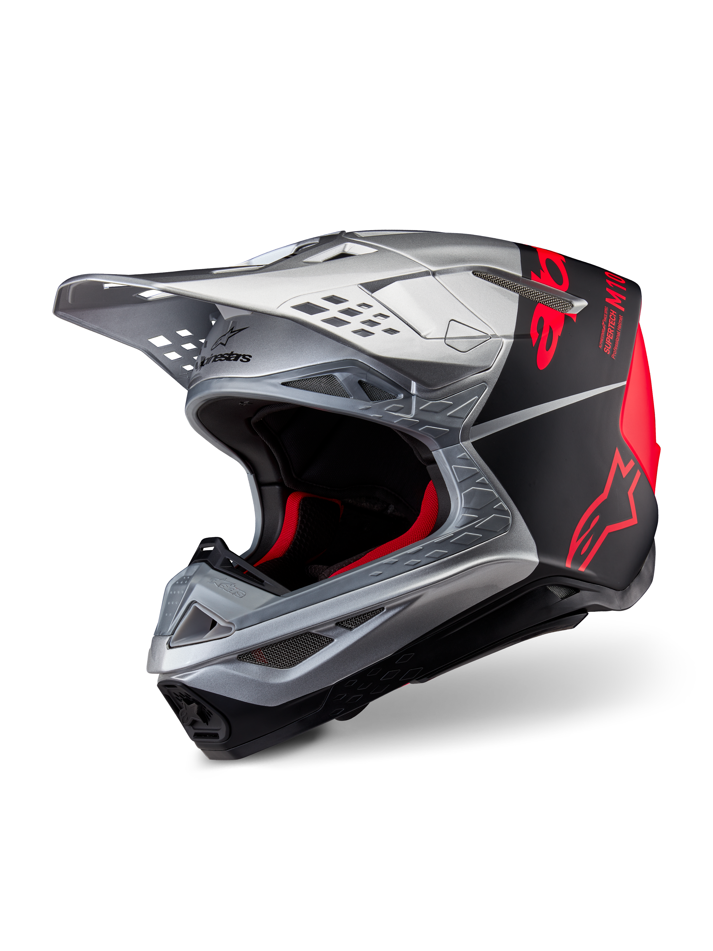 Casco Alpinestars Supertech M10 Flood ECE 22.06, casco de motocross, plateado, negro y naranja flúor, acabado mate y brillante, con una elegante calota de carbono, logotipos de Alpinestars destacados y múltiples puertos de ventilación