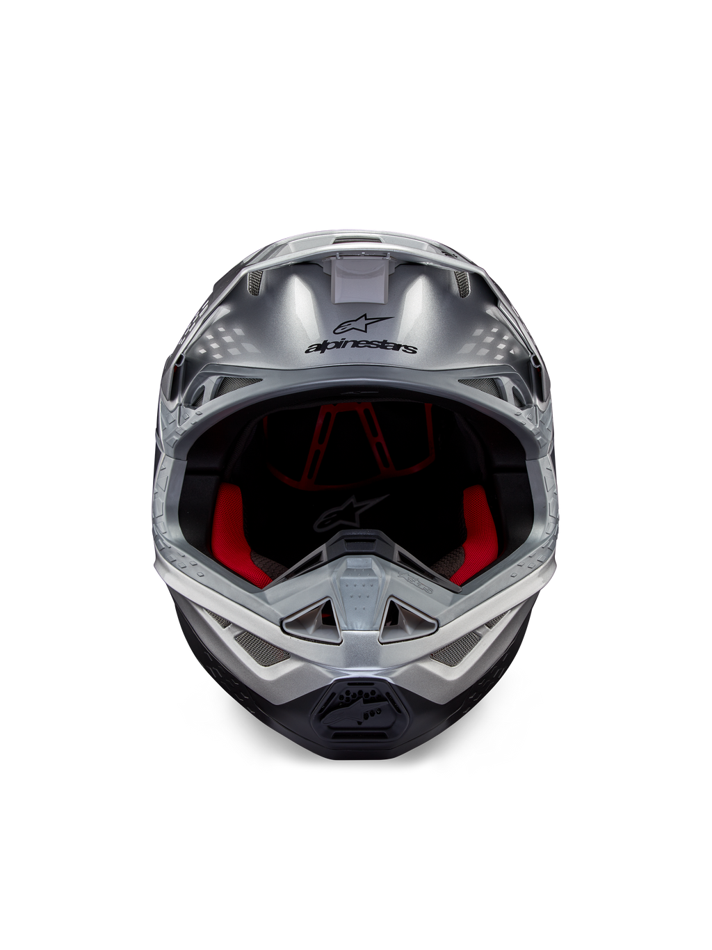 Casco Alpinestars Supertech M10 Flood ECE 22.06, casco de motocross, plata, negro y naranja flúor, vista frontal con calota aerodinámica, amplia apertura para la visión con acolchado interior rojo, logotipo de Alpinestars en negro y mentonera ventilada para competición off-road
