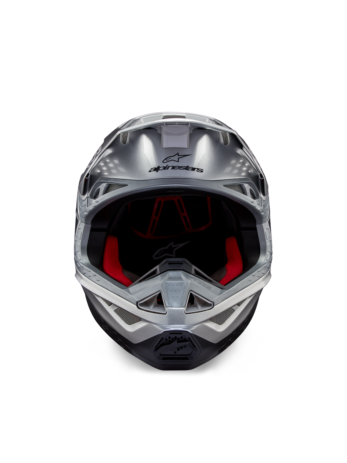 Casco Alpinestars Supertech M10 Flood ECE 22.06, casco de motocross, plata, negro y naranja flúor, vista frontal con calota aerodinámica, amplia apertura para la visión con acolchado interior rojo, logotipo de Alpinestars en negro y mentonera ventilada para competición off-road