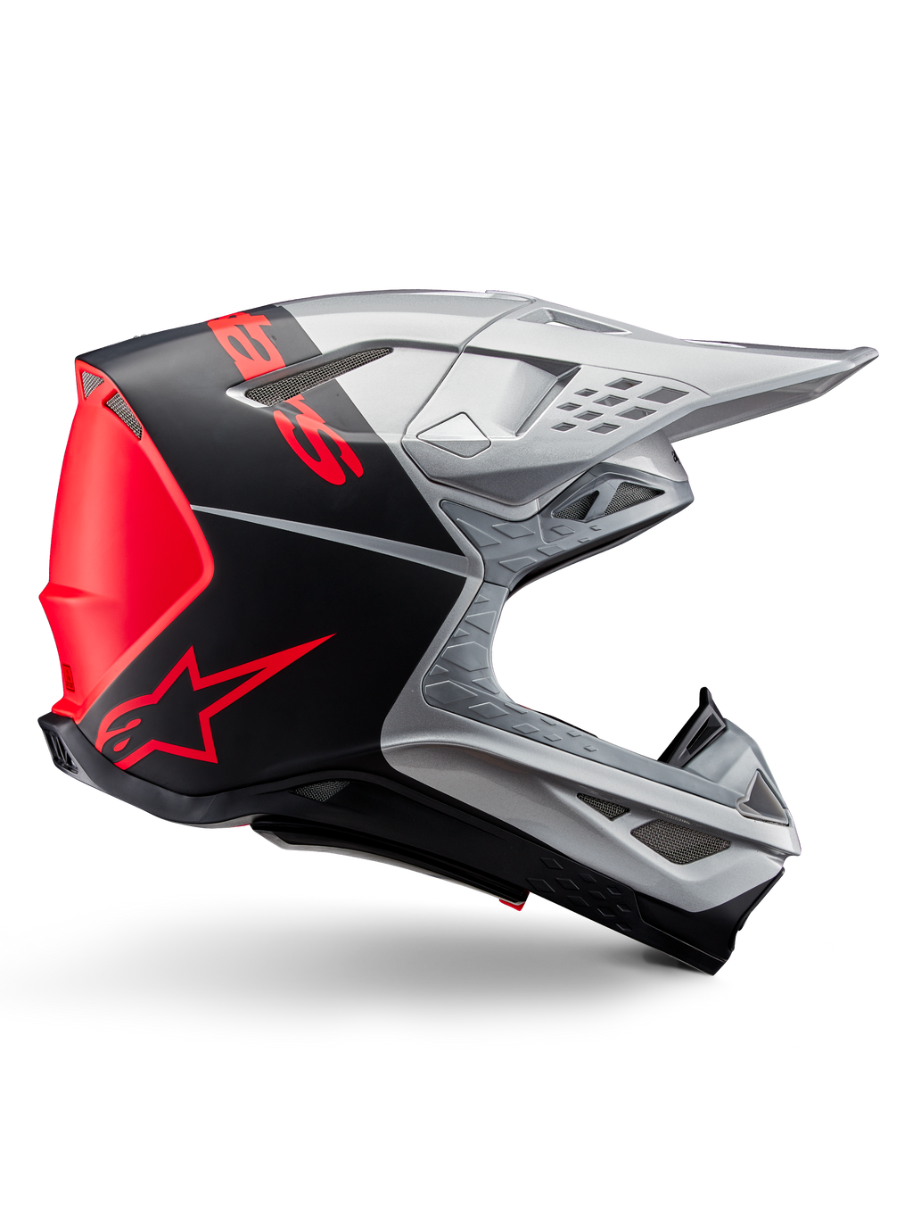 Casco Alpinestars Supertech M10 Flood ECE 22.06, casco de motocross, plata, negro y naranja flúor, acabado mate y brillante, perfil aerodinámico con calota multicompuesta, marca llamativa con el logotipo de Alpinestars en naranja, puertos de ventilación de gran flujo y visera protectora
