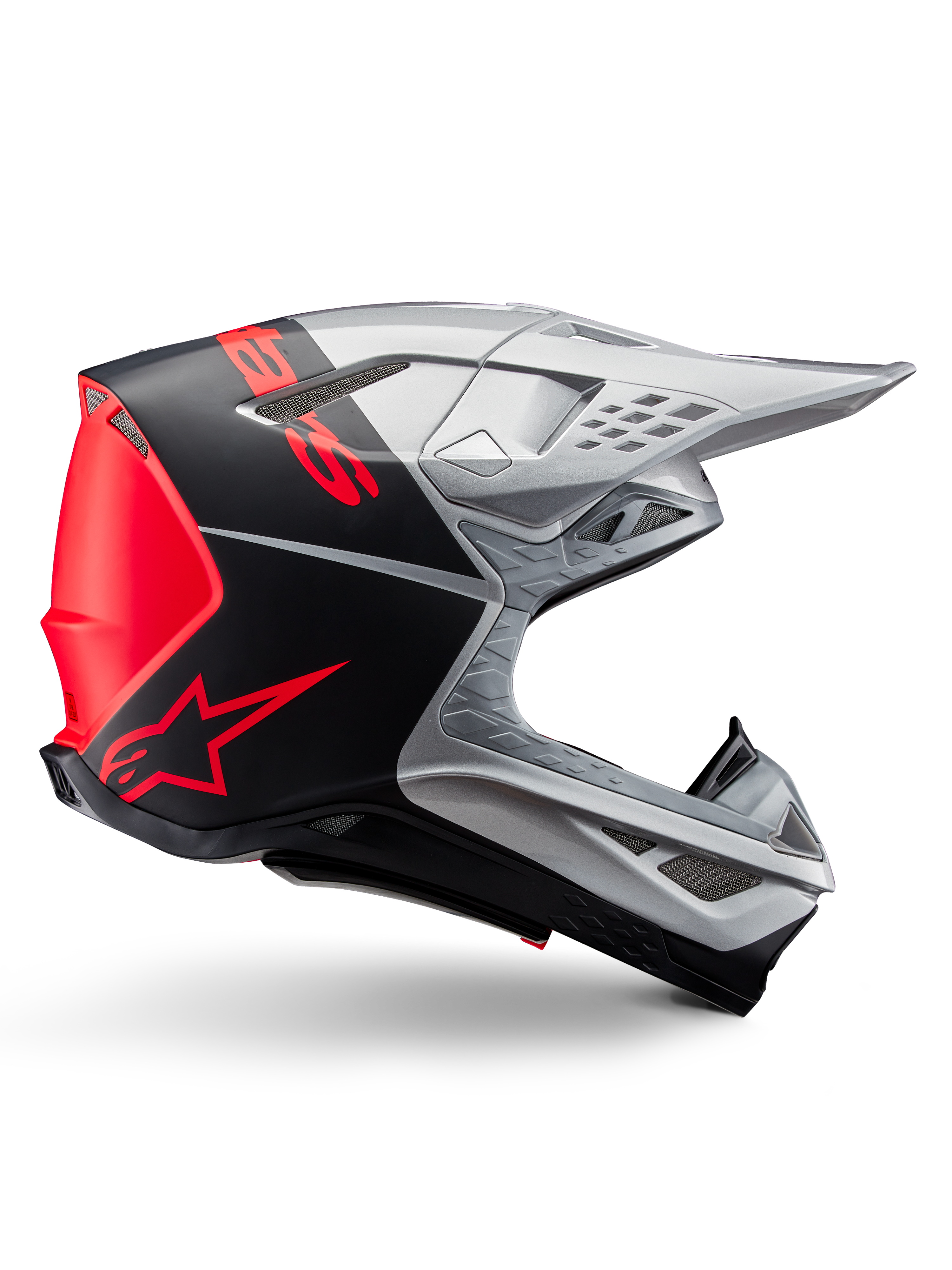 Casco Alpinestars Supertech M10 Flood ECE 22.06, casco de motocross, plata, negro y naranja flúor, acabado mate y brillante, perfil aerodinámico con calota multicompuesta, marca llamativa con el logotipo de Alpinestars en naranja, puertos de ventilación de gran flujo y visera protectora