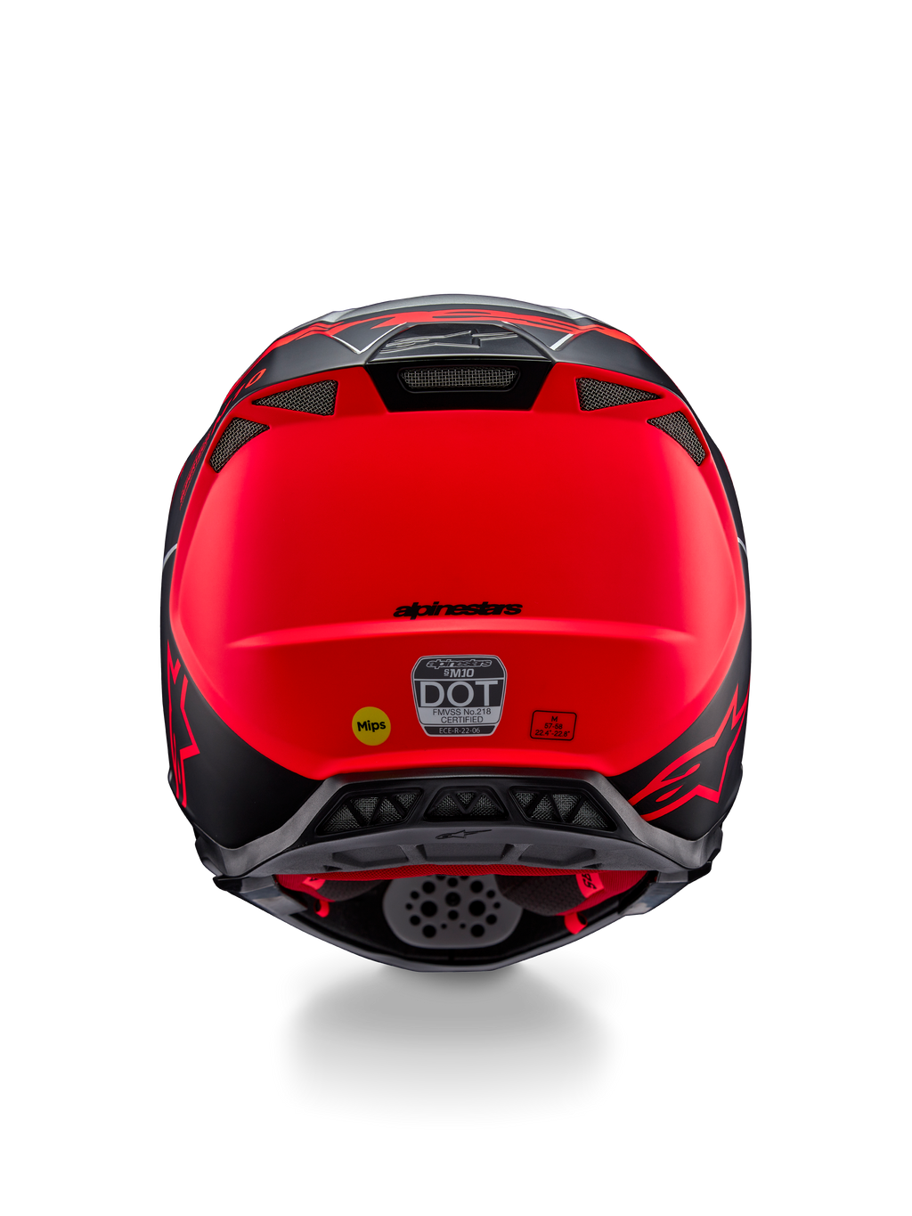 Casco Alpinestars Supertech M10 Flood, vista trasera, plata, negro y naranja fluorescente mate, con salidas de aire integradas, adhesivos de certificación DOT y ECE, logotipo amarillo de Mips y perfil aerodinámico para carreras de motocross