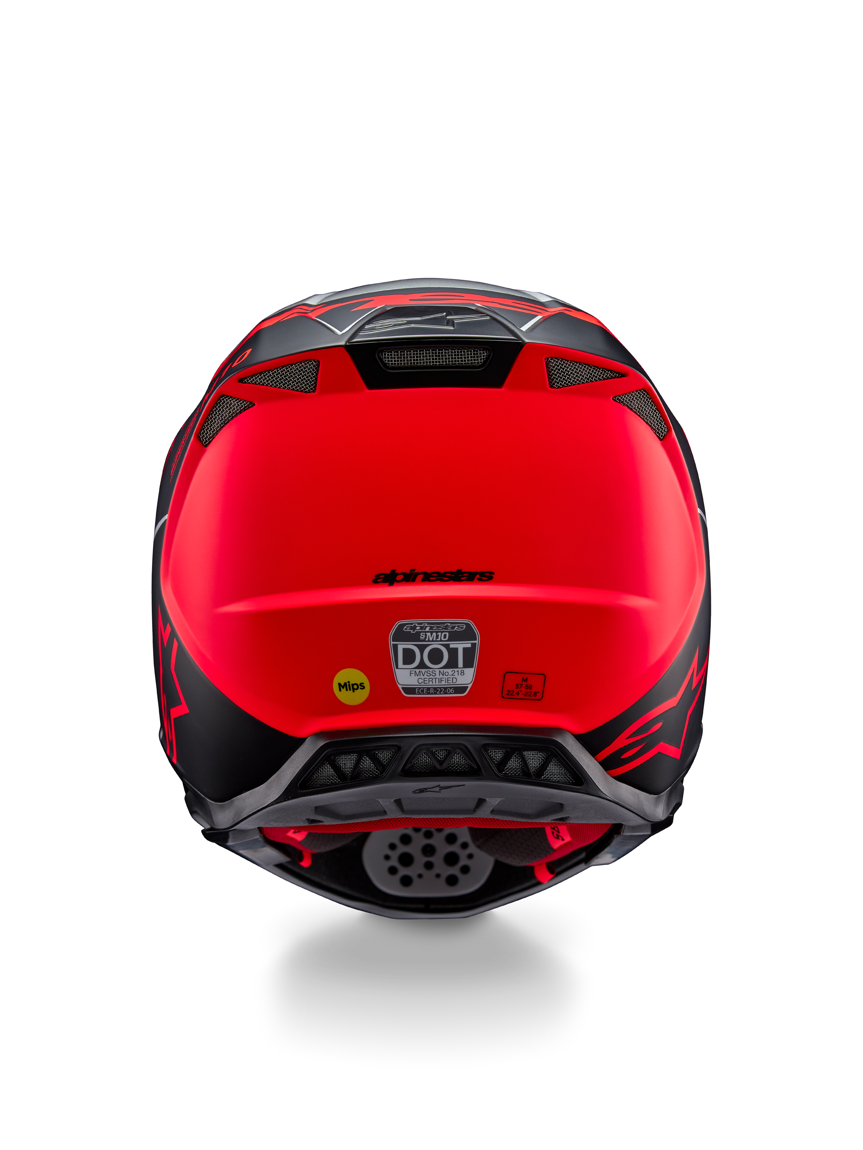 Casco Alpinestars Supertech M10 Flood, vista trasera, plata, negro y naranja fluorescente mate, con salidas de aire integradas, adhesivos de certificación DOT y ECE, logotipo amarillo de Mips y perfil aerodinámico para carreras de motocross