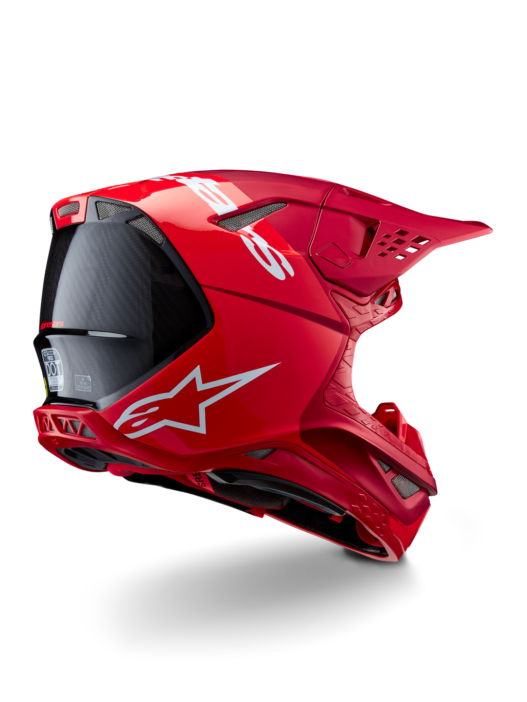 Casco Alpinestars Supertech M10 Flood, casco de motocross, rojo y rojo fluo, acabado mate y brillante, vista de perfil posterior con el logotipo blanco de Alpinestars y detalles de fibra de carbono, diseño aerodinámico con múltiples puertos de ventilación, protección de cabeza de alto rendimiento para todoterreno
