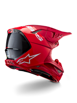 Alpinestars Supertech M10 Flood Helmet, Motocross Helmet, Red and Fluo Red, Matte and Glossy finish, rear profile view featuring white Alpinestars logo and carbon fiber accents, aerodynamic design with multiple ventilation ports, high-performance off-road head protection