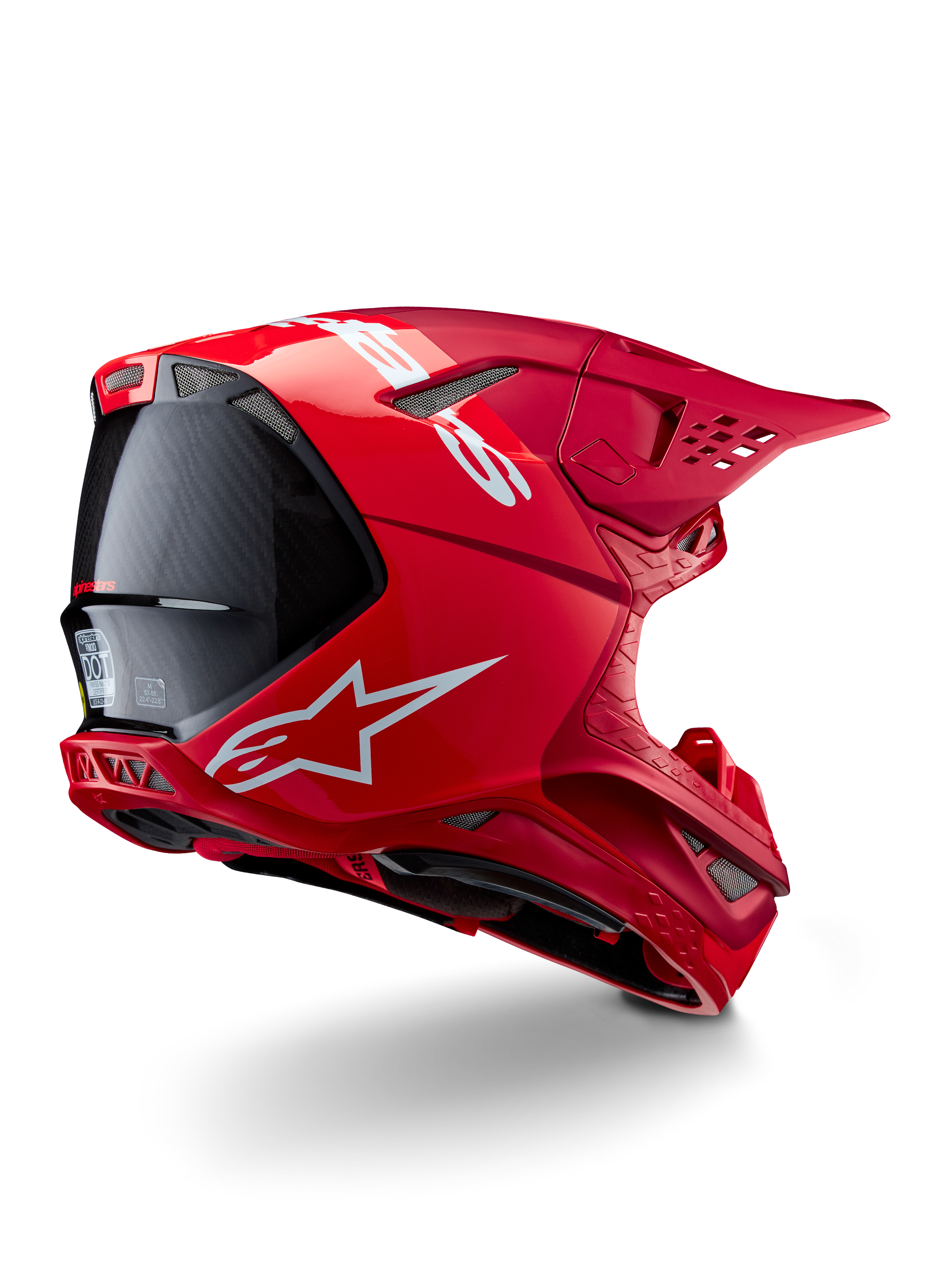 Casco Alpinestars Supertech M10 Flood, casco de motocross, rojo y rojo fluo, acabado mate y brillante, vista de perfil posterior con el logotipo blanco de Alpinestars y detalles de fibra de carbono, diseño aerodinámico con múltiples puertos de ventilación, protección de cabeza de alto rendimiento para todoterreno