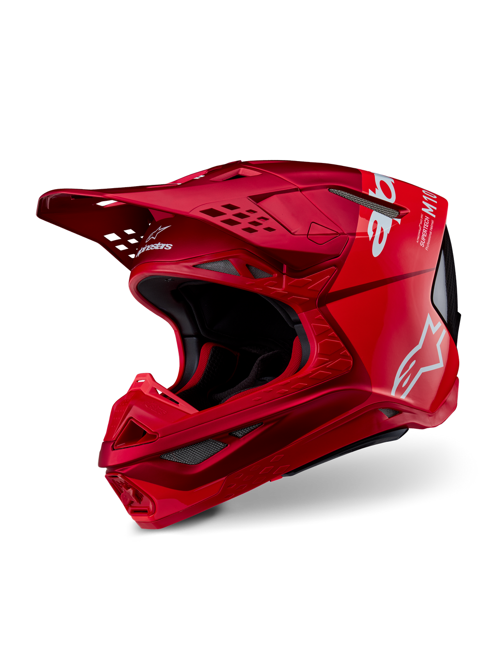 Casco Alpinestars Supertech M10 Flood, casco de motocross, rojo y rojo flúor mate y brillante, con logotipos blancos de Alpinestars, perfil aerodinámico con múltiples puertos de ventilación, carcasa ligera de compuesto de carbono para carreras todoterreno